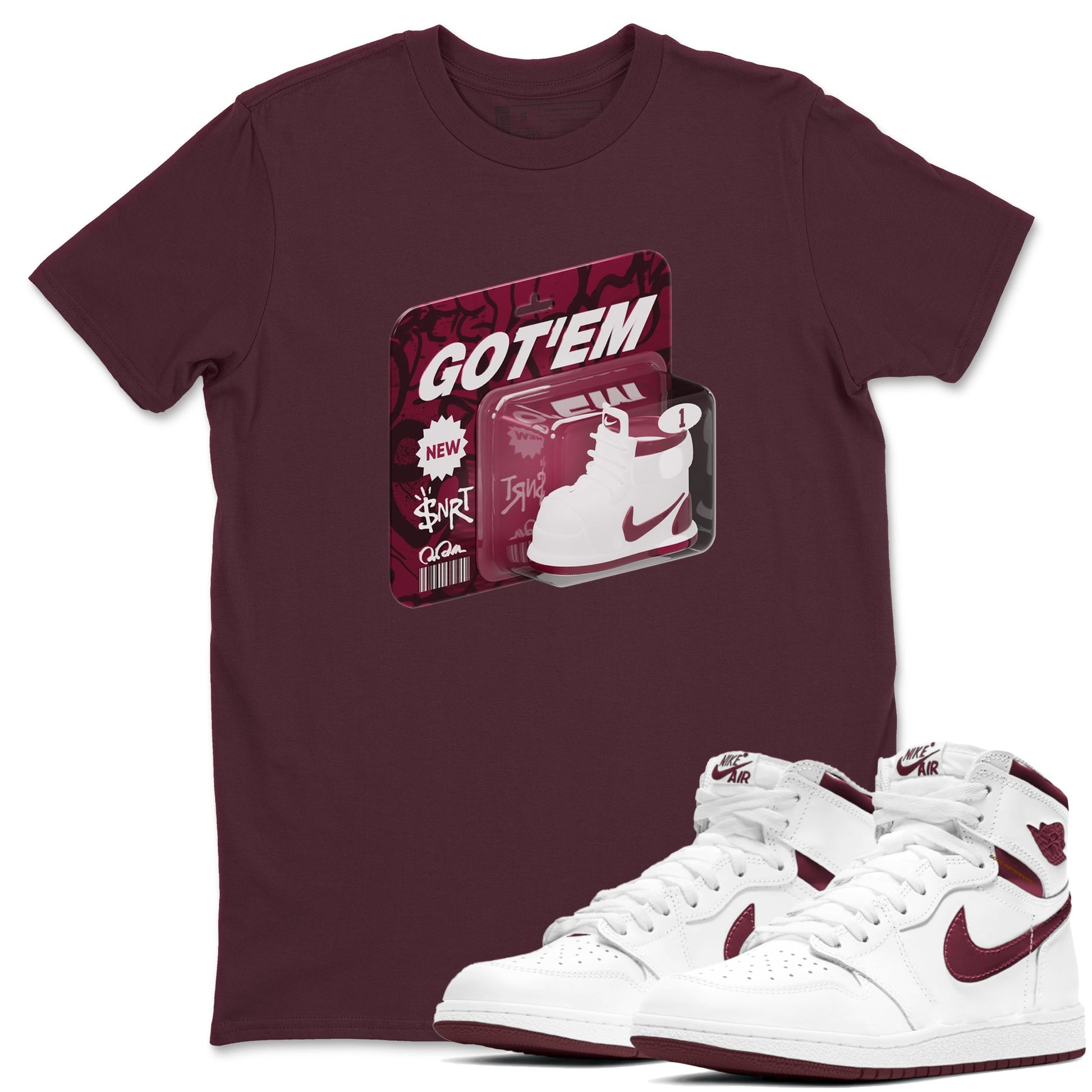 1s Metallic Burgundy shirt to match jordans Vintage Toy Packaging sneaker tees AJ1 Metallic Burgundy SNRT Sneaker Release Tees Unisex Maroon 1 T-Shirt
