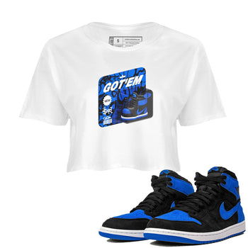 Air Jordan 1 Royal Reimagined shirt to match jordans Vintage Toy Packaging sneaker tees AJ1 Royal Reimagined SNRT Sneaker Release Tees White 1 Crop T-Shirt