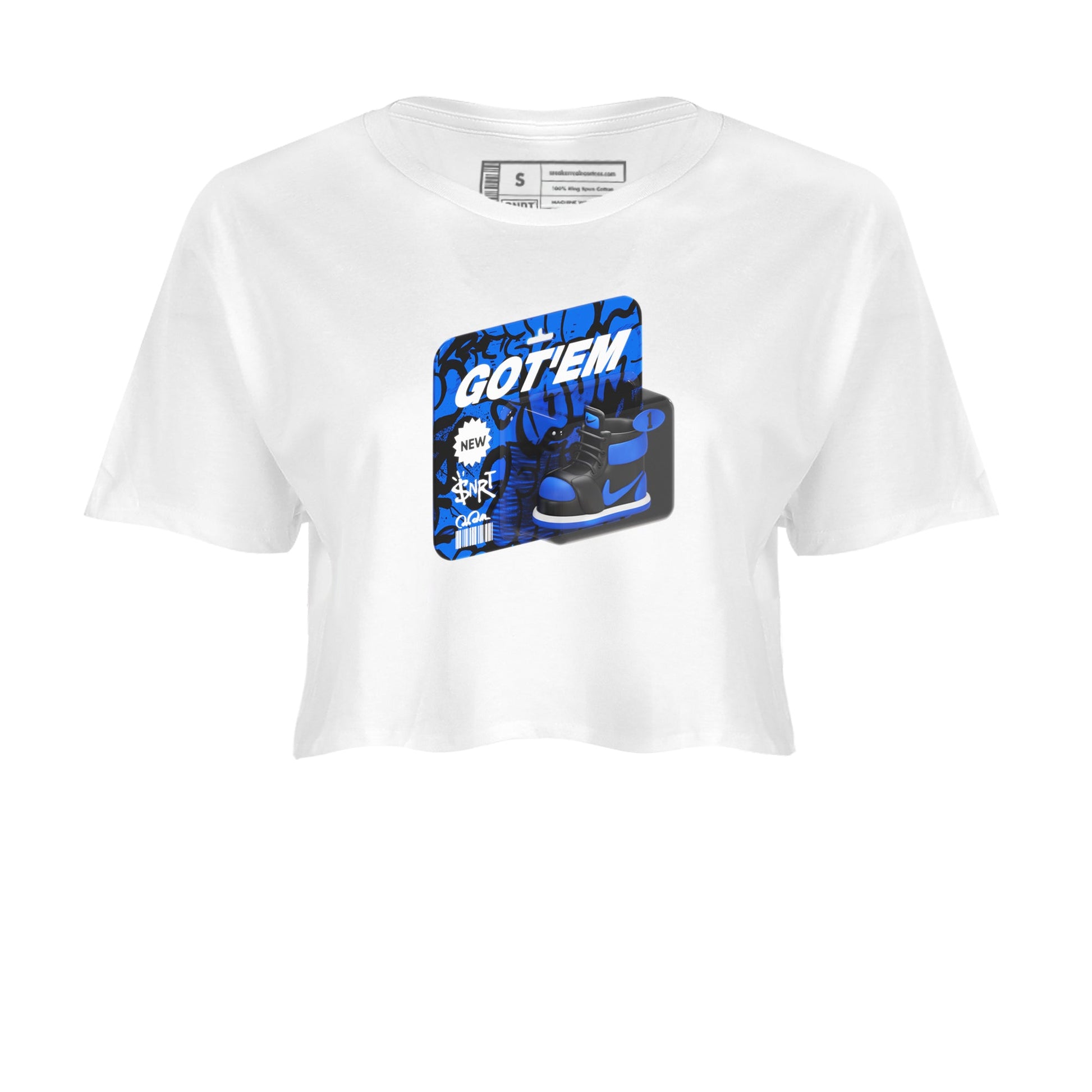 Air Jordan 1 Royal Reimagined shirt to match jordans Vintage Toy Packaging sneaker tees AJ1 Royal Reimagined SNRT Sneaker Release Tees White 2 Crop T-Shirt