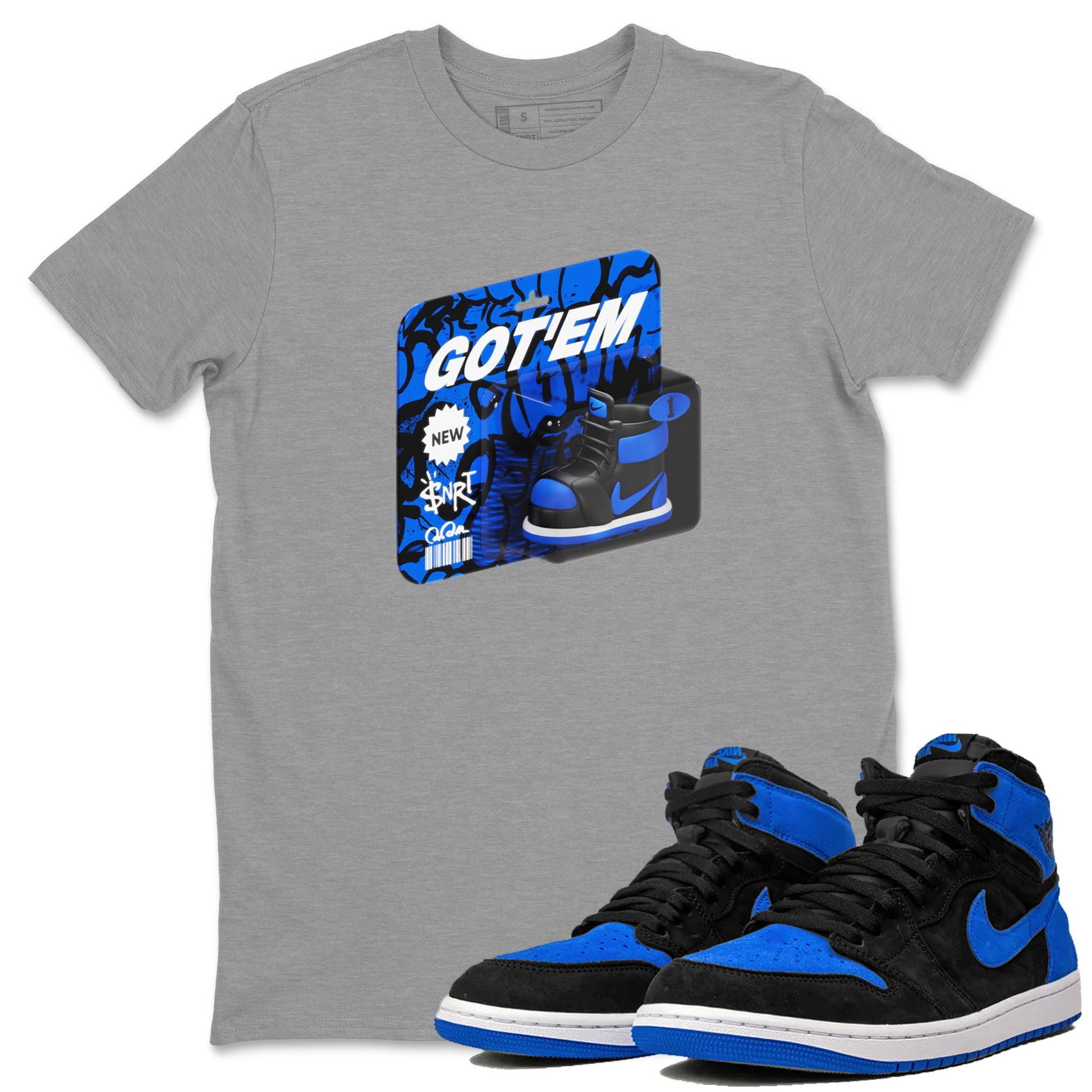 Air Jordan 1 Royal Reimagined shirt to match jordans Vintage Toy Packaging sneaker tees AJ1 Royal Reimagined SNRT Sneaker Release Tees Unisex Heather Grey 1 T-Shirt