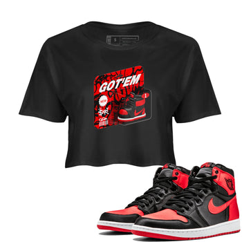Air Jordan 1 Satin Bred shirt to match jordans Vintage Toy Packaging sneaker tees AJ1 Satin Bred SNRT Sneaker Release Tees Black 1 Crop T-Shirt