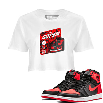 Air Jordan 1 Satin Bred shirt to match jordans Vintage Toy Packaging sneaker tees AJ1 Satin Bred SNRT Sneaker Release Tees White 1 Crop T-Shirt