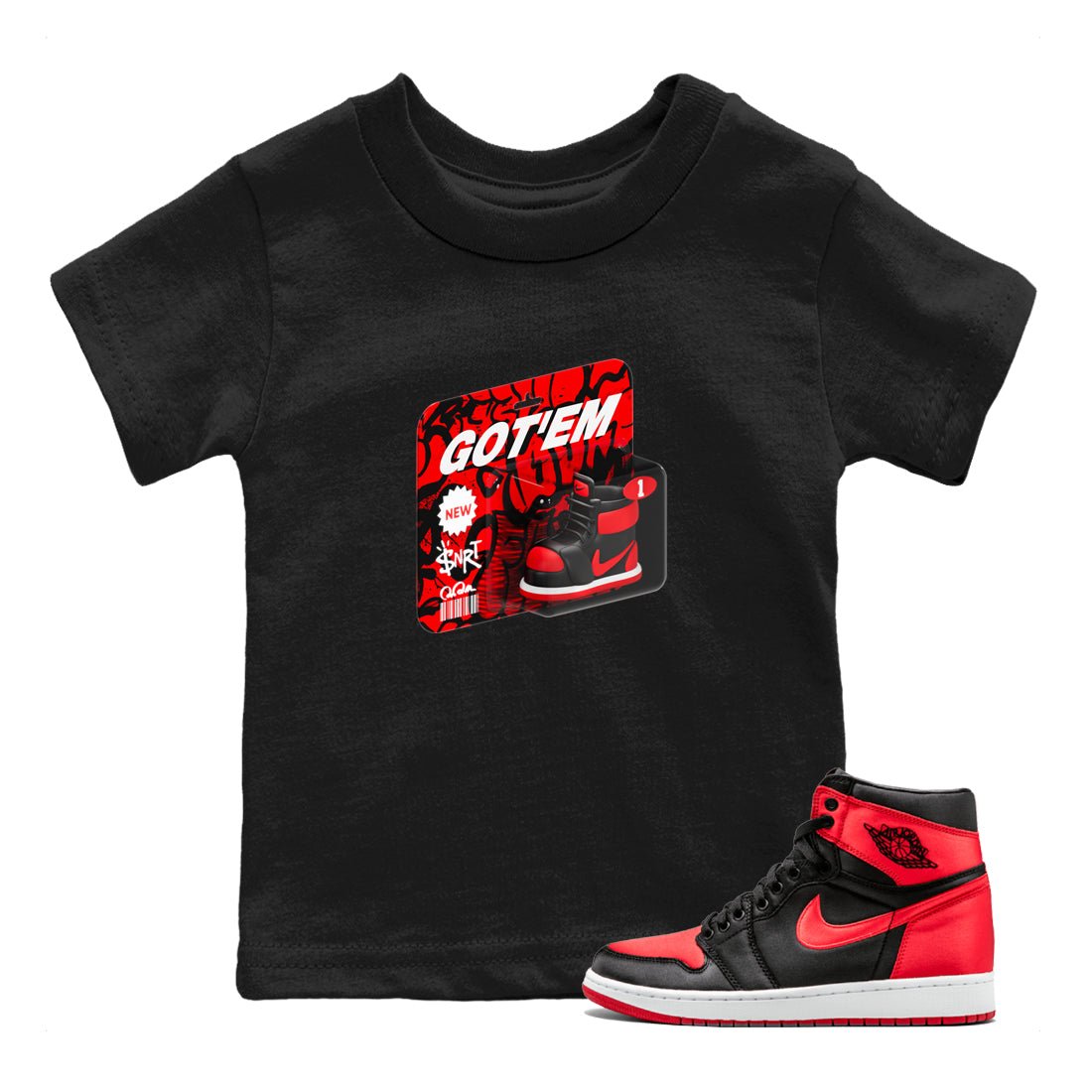 Air Jordan 1 Satin Bred shirt to match jordans Vintage Toy Packaging sneaker tees AJ1 Satin Bred SNRT Sneaker Release Tees Baby Toddler Black 1 T-Shirt