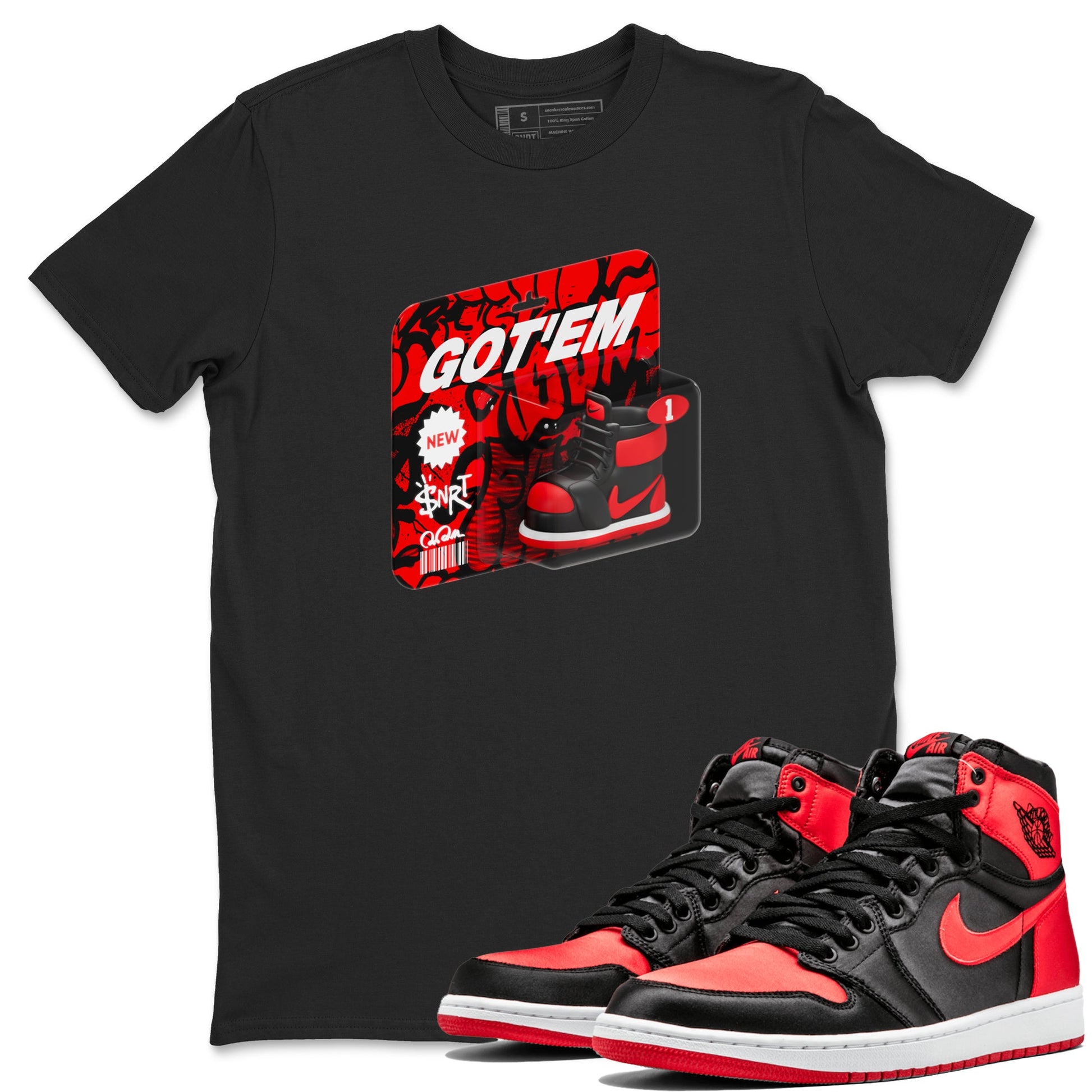 Air Jordan 1 Satin Bred shirt to match jordans Vintage Toy Packaging sneaker tees AJ1 Satin Bred SNRT Sneaker Release Tees Unisex Black 1 T-Shirt