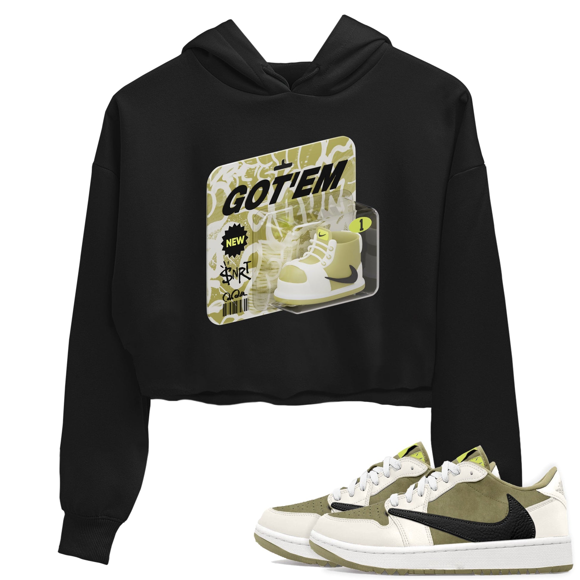 Air Jordan 1 Travis Scott Golf Olive shirt to match jordans Vintage Toy Packaging sneaker tees AJ1 Travis Scott Golf Olive SNRT Sneaker Release Tees Black 1 Crop T-Shirt
