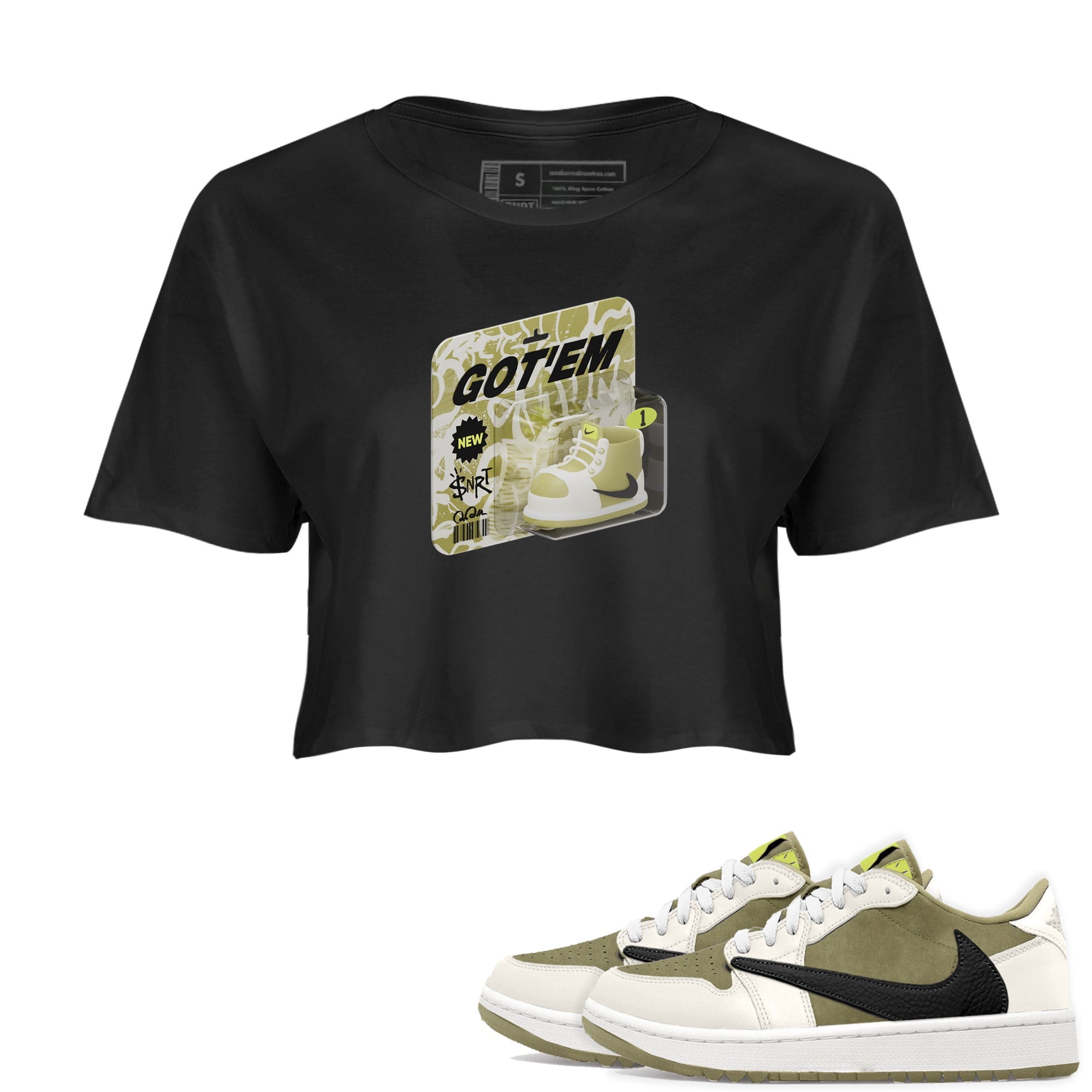 Air Jordan 1 Travis Scott Golf Olive shirt to match jordans Vintage Toy Packaging sneaker tees AJ1 Travis Scott Golf Olive SNRT Sneaker Release Tees Black 1 Crop T-Shirt