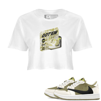 Air Jordan 1 Travis Scott Golf Olive shirt to match jordans Vintage Toy Packaging sneaker tees AJ1 Travis Scott Golf Olive SNRT Sneaker Release Tees White 1 Crop T-Shirt