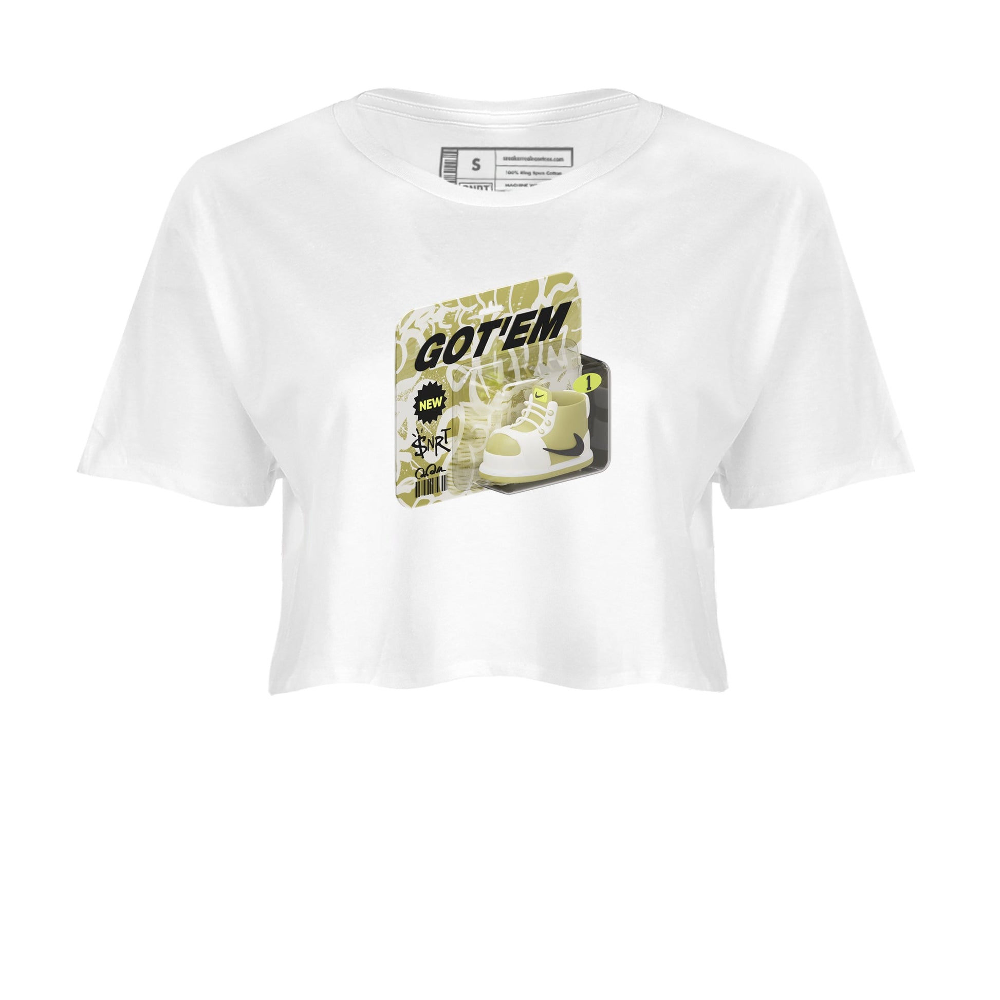 Air Jordan 1 Travis Scott Golf Olive shirt to match jordans Vintage Toy Packaging sneaker tees AJ1 Travis Scott Golf Olive SNRT Sneaker Release Tees White 2 Crop T-Shirt