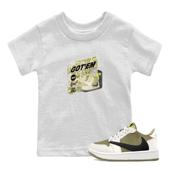 Air Jordan 1 Travis Scott Golf Olive shirt to match jordans Vintage Toy Packaging sneaker tees AJ1 Travis Scott Golf Olive SNRT Sneaker Release Tees Baby Toddler White 1 T-Shirt
