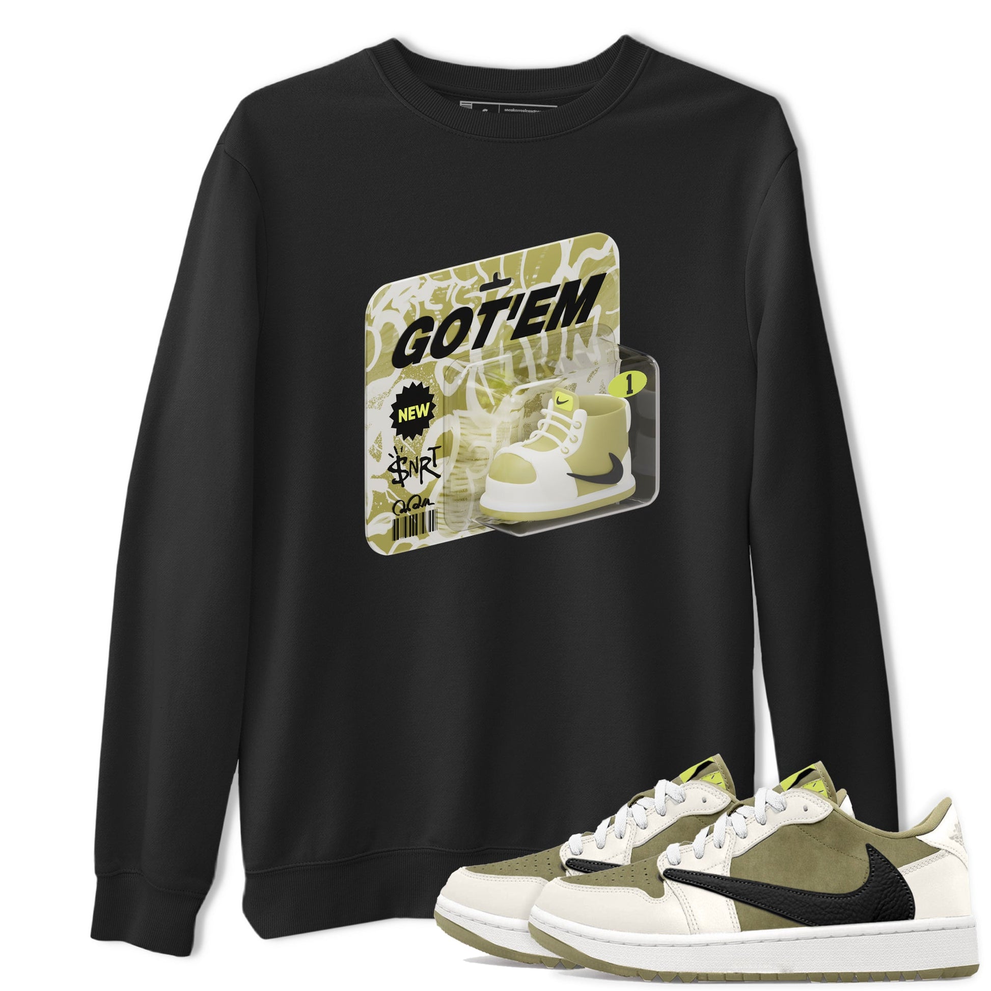 Air Jordan 1 Travis Scott Golf Olive shirt to match jordans Vintage Toy Packaging sneaker tees AJ1 Travis Scott Golf Olive SNRT Sneaker Release Tees Unisex Black 1 T-Shirt