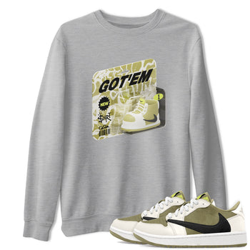 Air Jordan 1 Travis Scott Golf Olive shirt to match jordans Vintage Toy Packaging sneaker tees AJ1 Travis Scott Golf Olive SNRT Sneaker Release Tees Unisex Heather Grey 1 T-Shirt