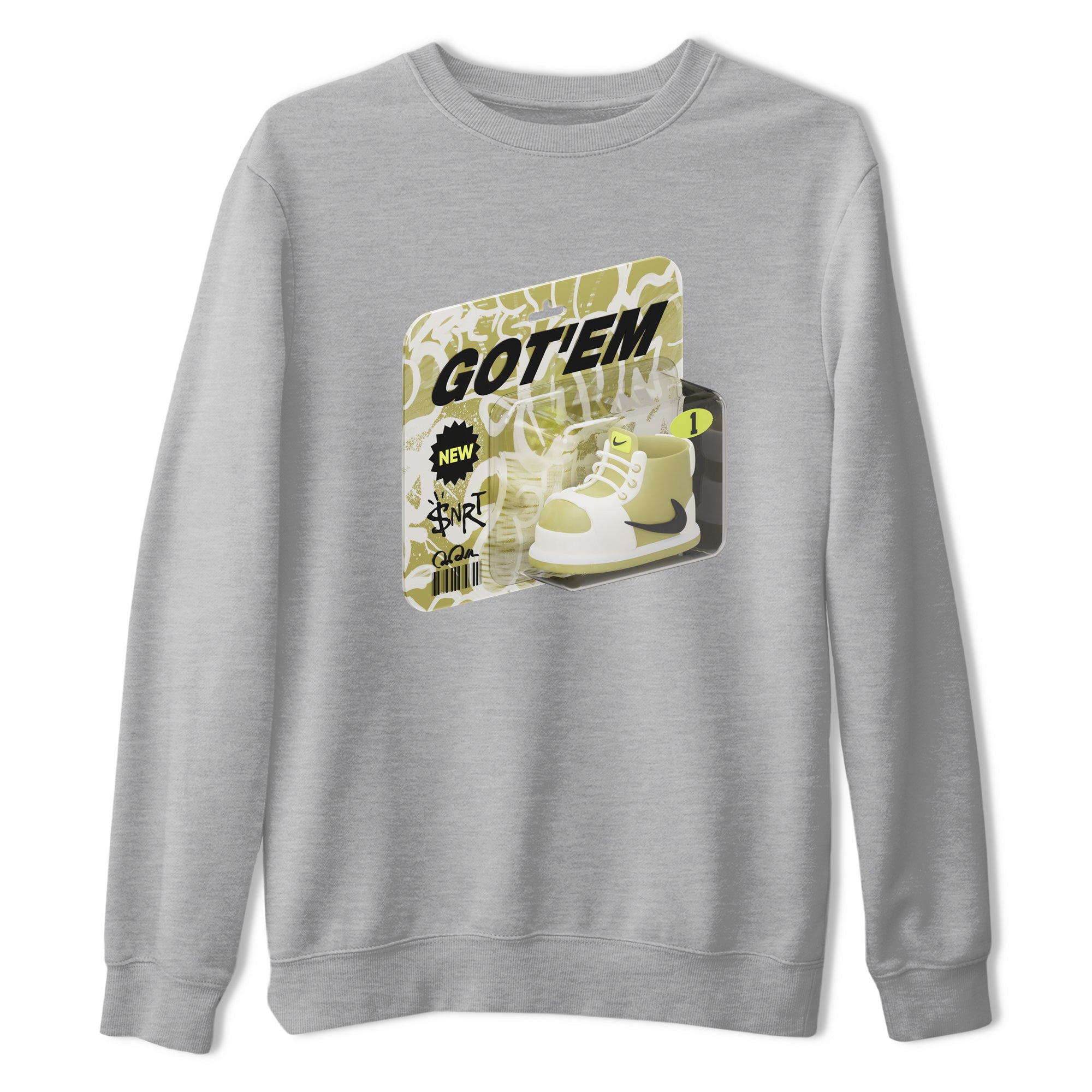 Air Jordan 1 Travis Scott Golf Olive shirt to match jordans Vintage Toy Packaging sneaker tees AJ1 Travis Scott Golf Olive SNRT Sneaker Release Tees Unisex Heather Grey 2 T-Shirt