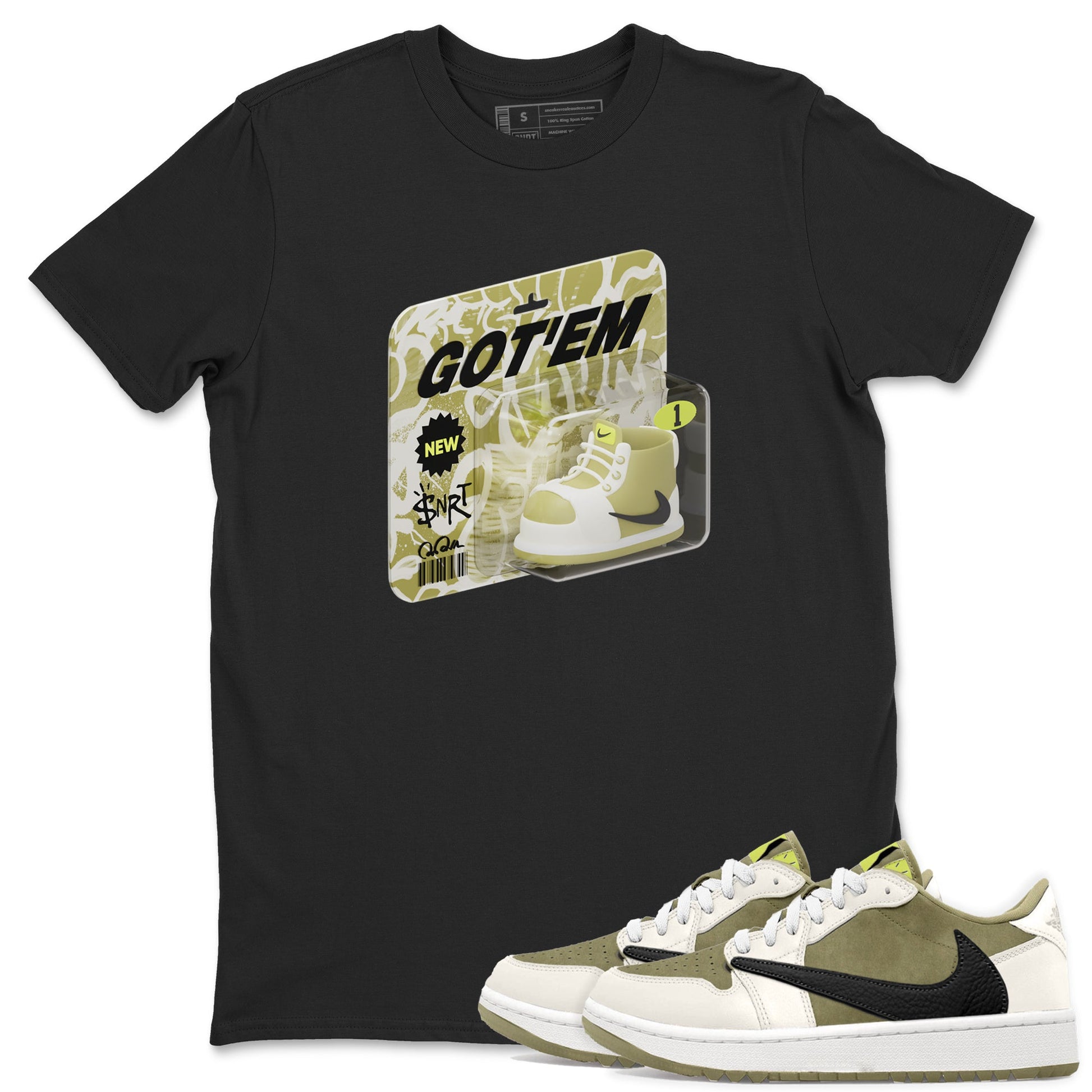 Air Jordan 1 Travis Scott Golf Olive shirt to match jordans Vintage Toy Packaging sneaker tees AJ1 Travis Scott Golf Olive SNRT Sneaker Release Tees Unisex Black 1 T-Shirt