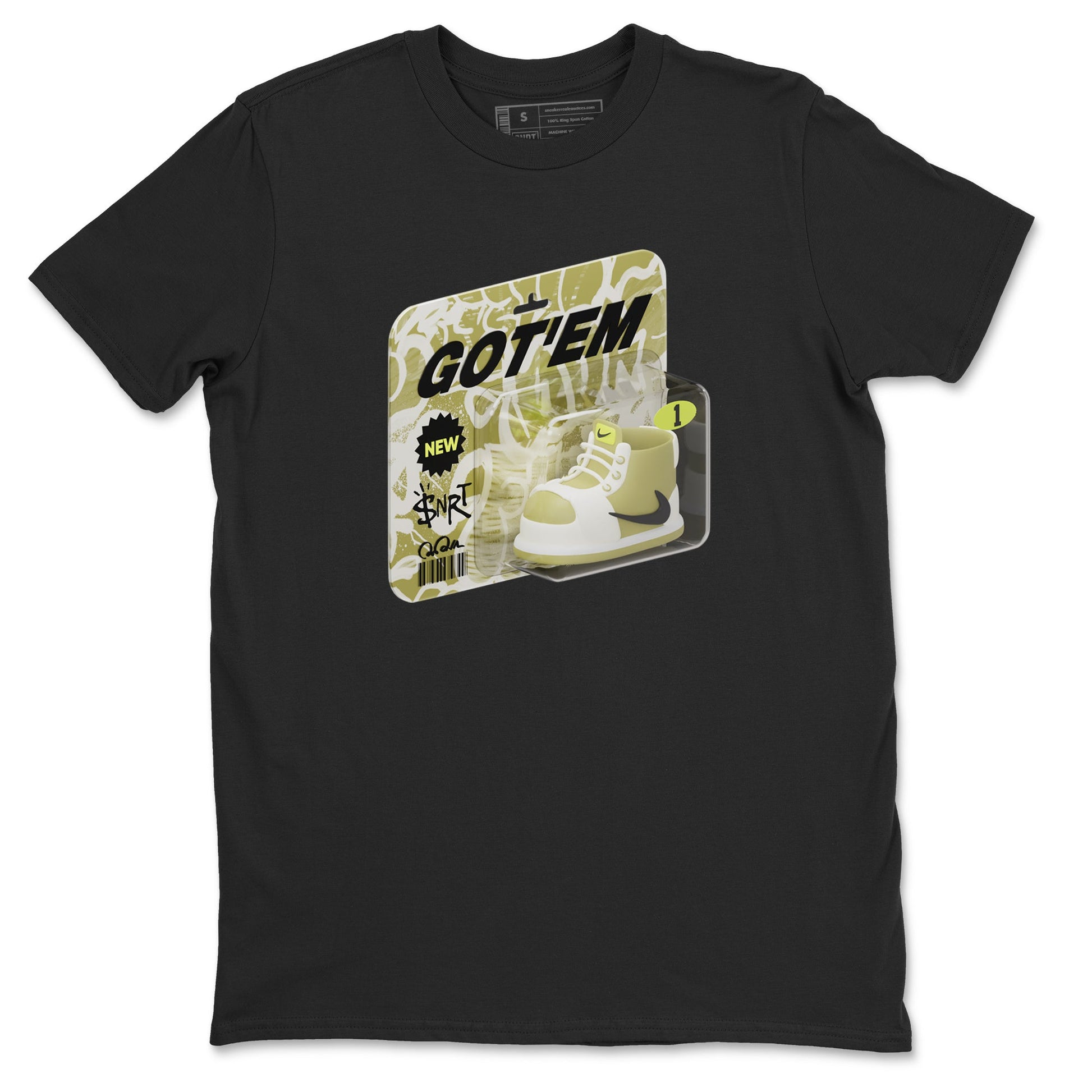 Air Jordan 1 Travis Scott Golf Olive shirt to match jordans Vintage Toy Packaging sneaker tees AJ1 Travis Scott Golf Olive SNRT Sneaker Release Tees Unisex Black 2 T-Shirt