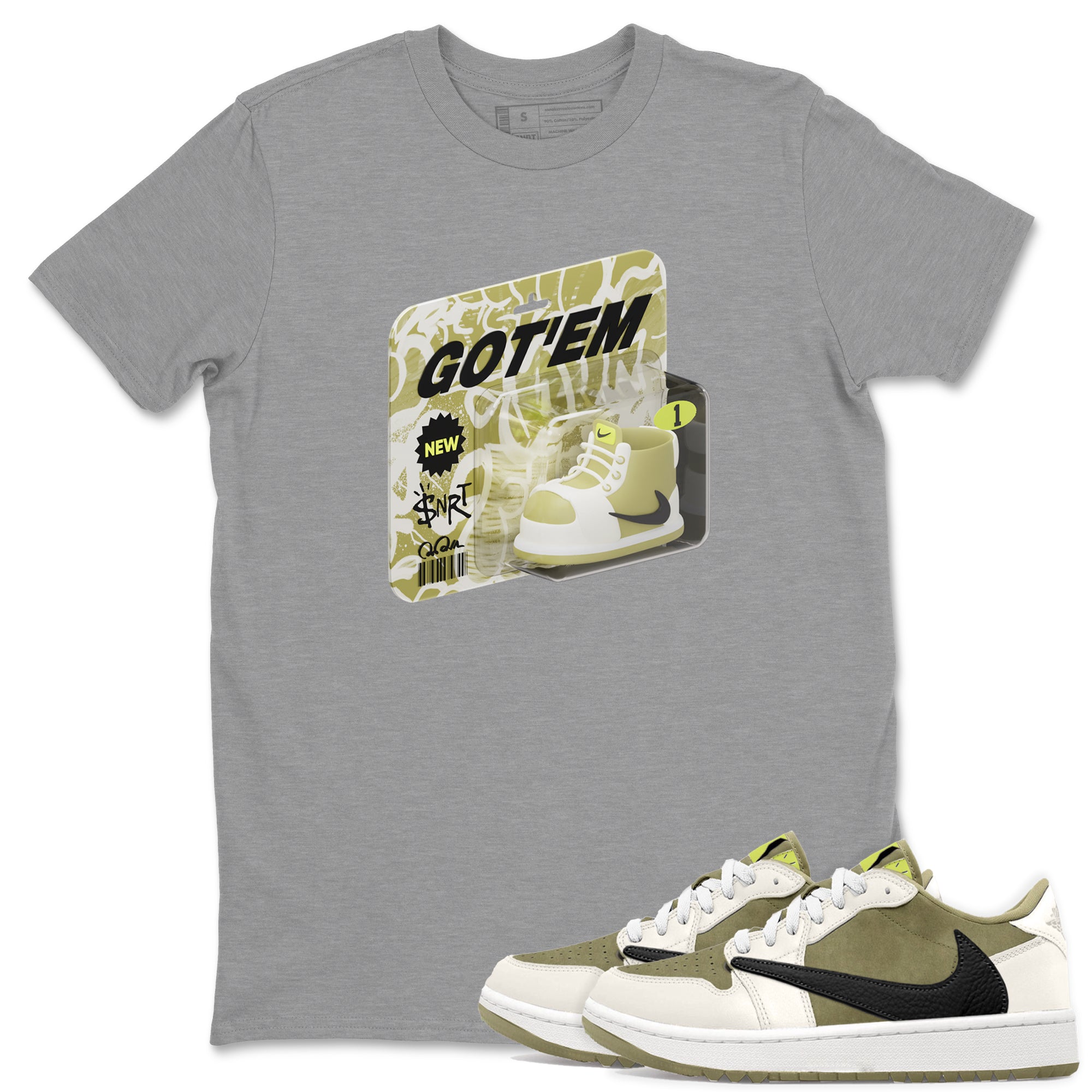 Air Jordan 1 Travis Scott Golf Olive shirt to match jordans Vintage Toy Packaging sneaker tees AJ1 Travis Scott Golf Olive SNRT Sneaker Release Tees Unisex Heather Grey 1 T-Shirt