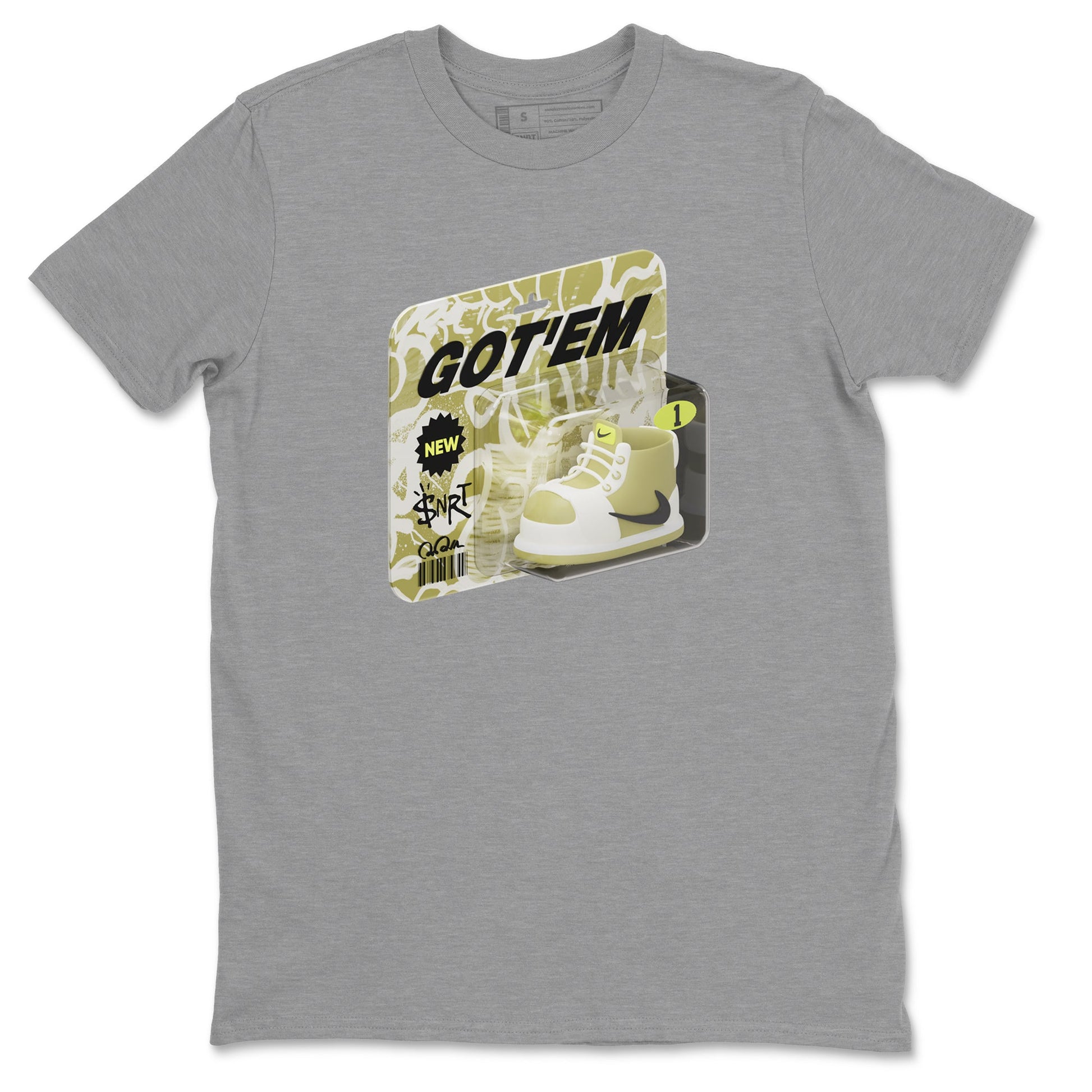 Air Jordan 1 Travis Scott Golf Olive shirt to match jordans Vintage Toy Packaging sneaker tees AJ1 Travis Scott Golf Olive SNRT Sneaker Release Tees Unisex Heather Grey 2 T-Shirt