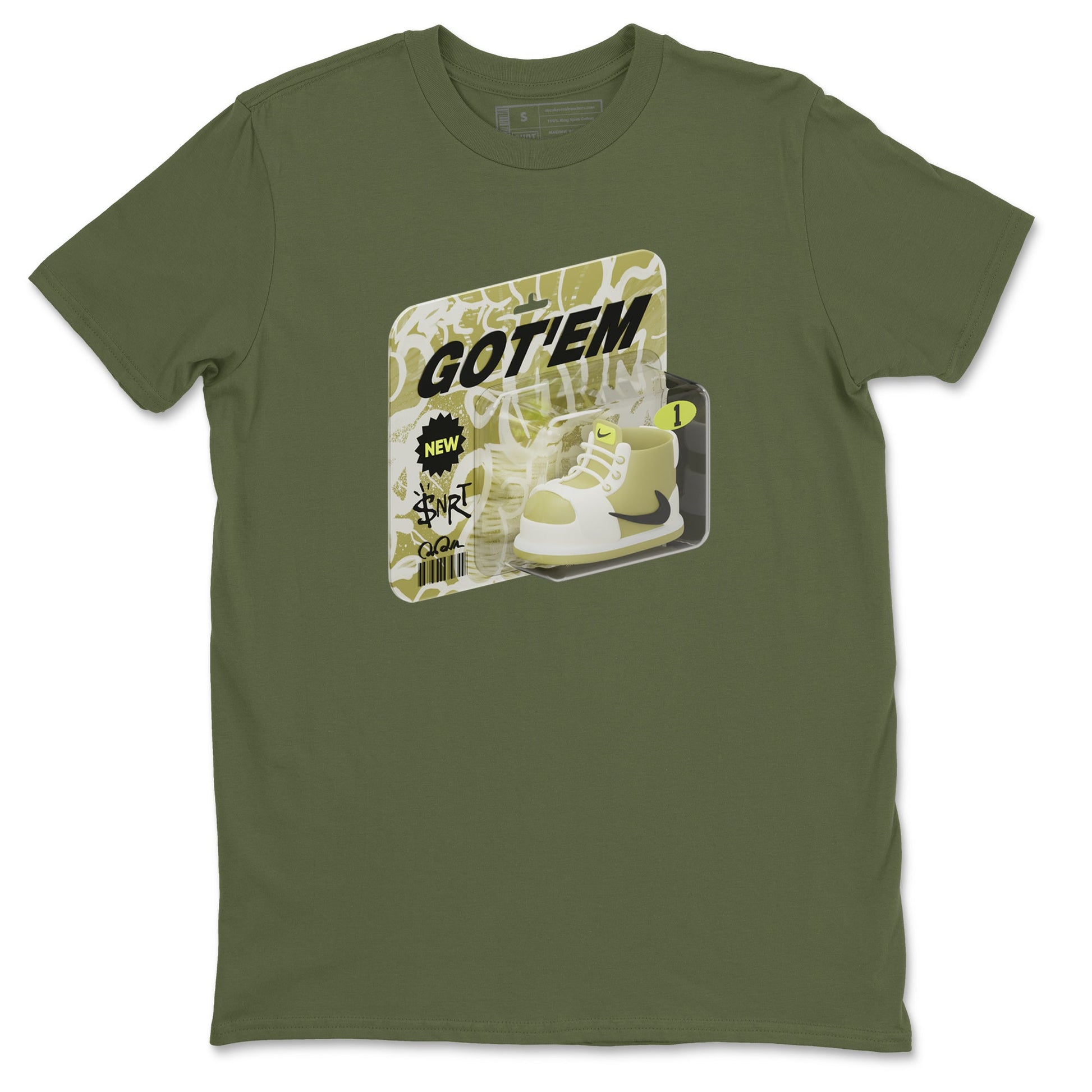 Air Jordan 1 Travis Scott Golf Olive shirt to match jordans Vintage Toy Packaging sneaker tees AJ1 Travis Scott Golf Olive SNRT Sneaker Release Tees Unisex Military Green 2 T-Shirt