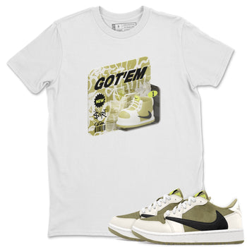 Air Jordan 1 Travis Scott Golf Olive shirt to match jordans Vintage Toy Packaging sneaker tees AJ1 Travis Scott Golf Olive SNRT Sneaker Release Tees Unisex White 1 T-Shirt