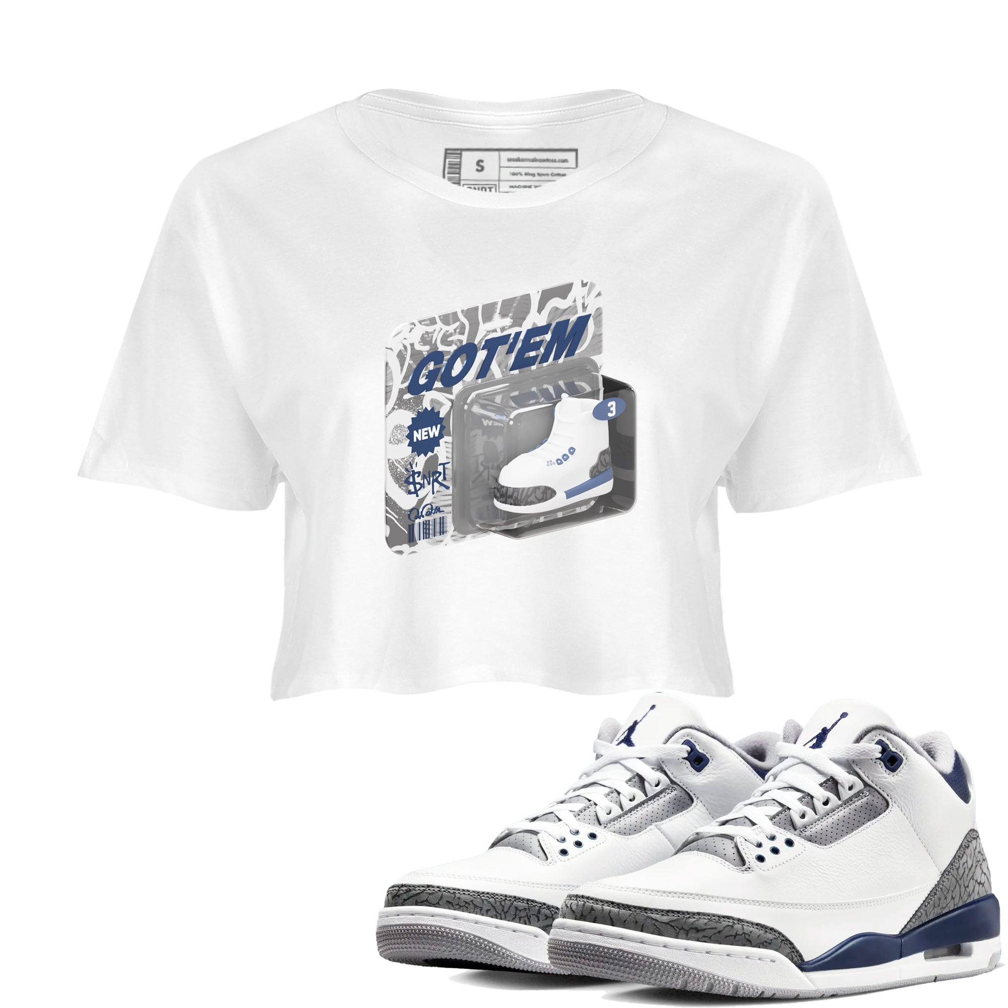 3s Midnight Navy 2023 shirt to match jordans Vintage Toy Packaging sneaker tees Air Jordan 3 Midnight Navy 2023 SNRT Sneaker Release Tees White 1 crop length shirt