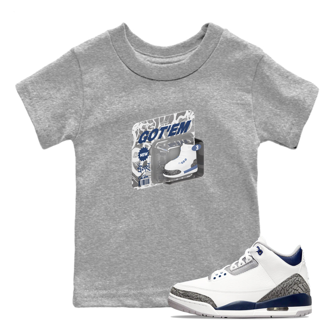 3s Midnight Navy 2023 shirt to match jordans Vintage Toy Packaging sneaker tees Air Jordan 3 Midnight Navy 2023 SNRT sneaker release tees baby toddler Heather Grey 1 cotton Shirt