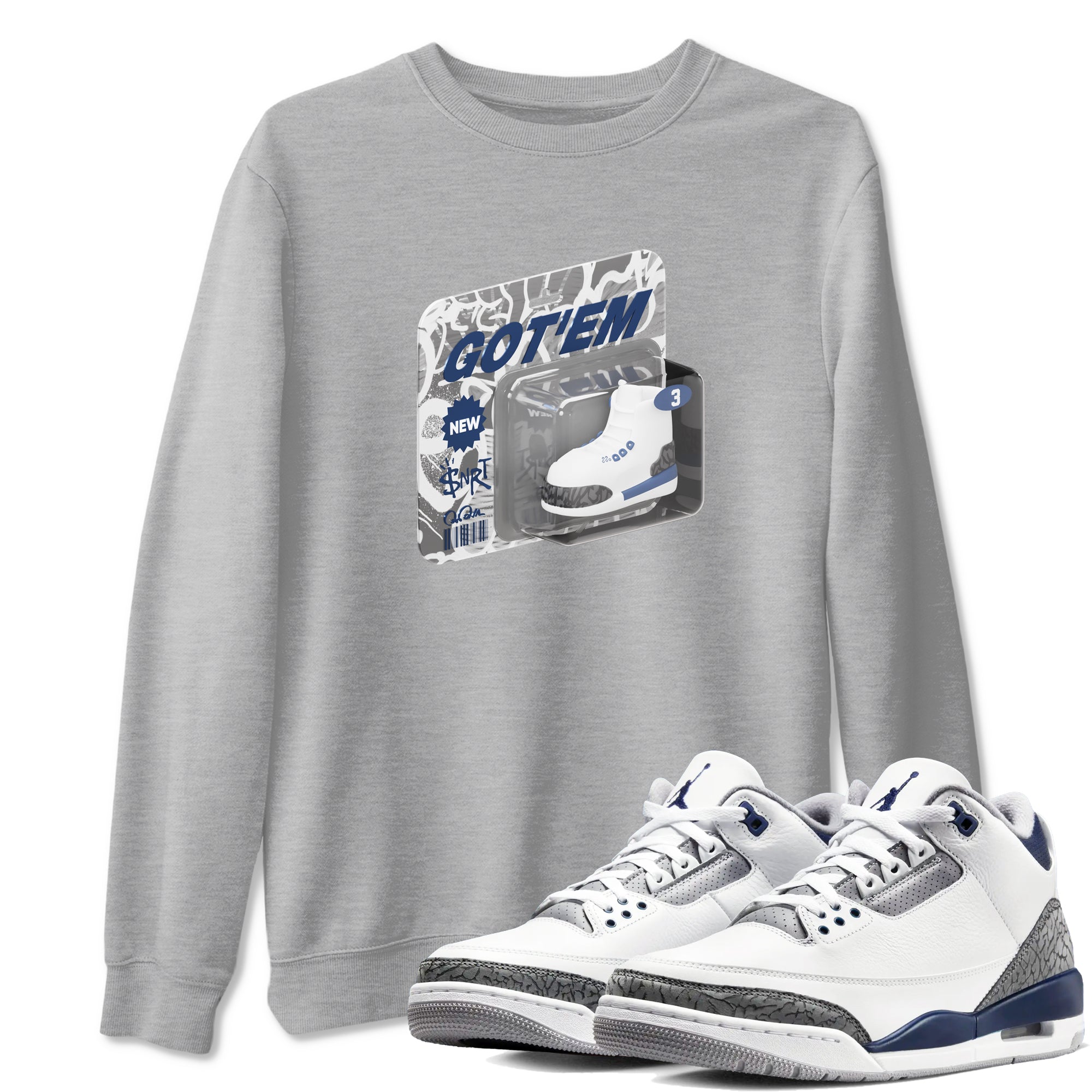 3s Midnight Navy 2023 shirt to match jordans Vintage Toy Packaging sneaker tees Air Jordan 3 Midnight Navy 2023 SNRT Sneaker Release Tees unisex cotton Heather Grey 1 crew neck shirt