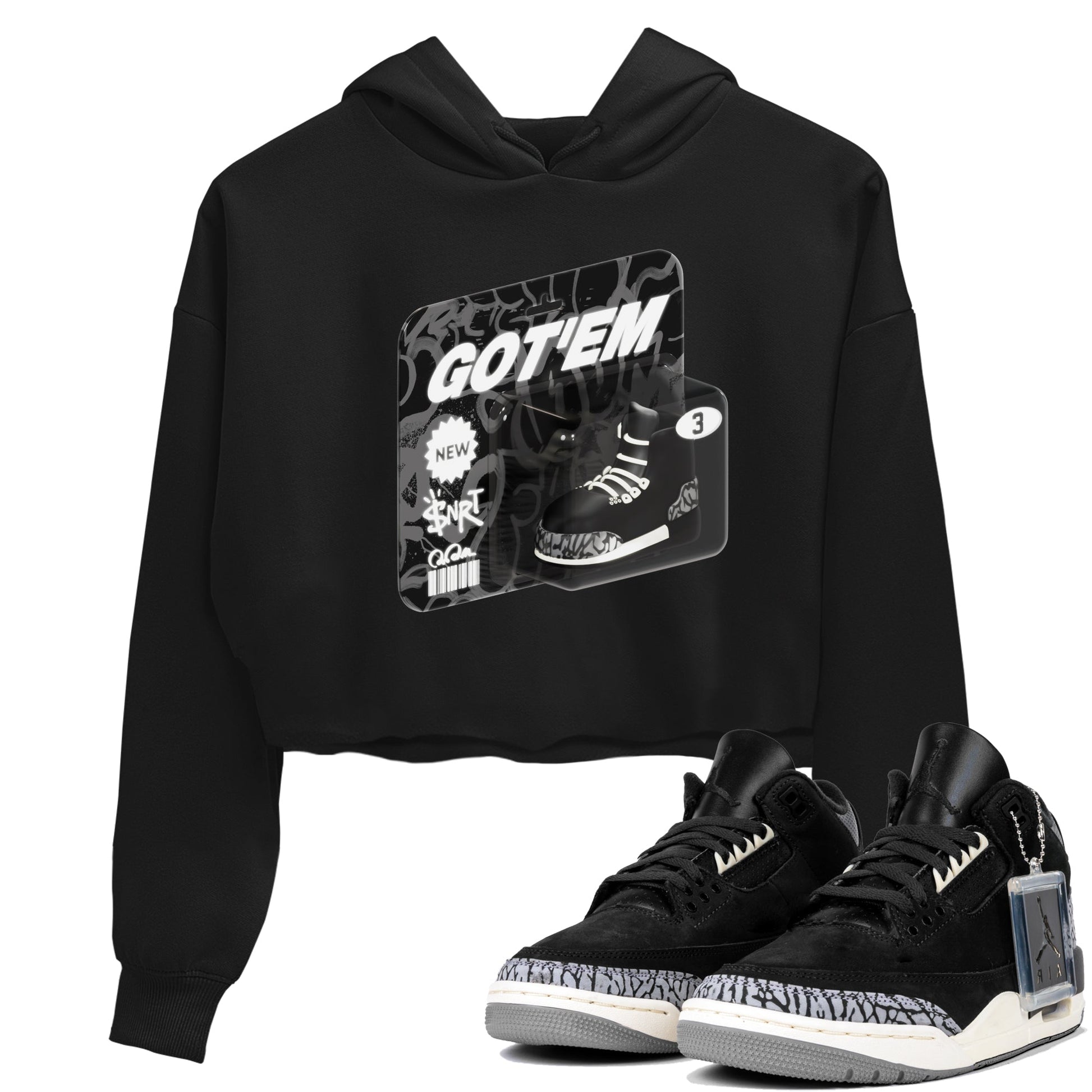 Air Jordan 3 Off Noir shirt to match jordans Vintage Toy Packaging sneaker tees AJ3 Off Noir SNRT Sneaker Release Tees Black 1 Crop T-Shirt