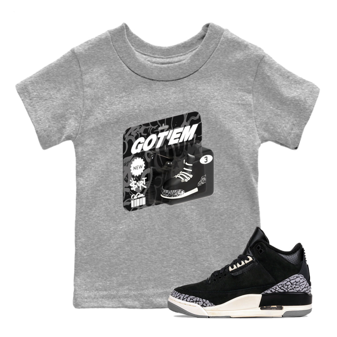 Air Jordan 3 Off Noir shirt to match jordans Vintage Toy Packaging sneaker tees AJ3 Off Noir SNRT Sneaker Release Tees Baby Toddler Heather Grey 1 T-Shirt