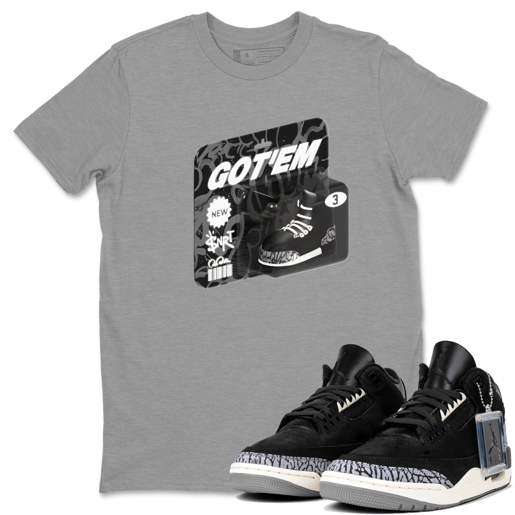 Air Jordan 3 Off Noir shirt to match jordans Vintage Toy Packaging sneaker tees AJ3 Off Noir SNRT Sneaker Release Tees Unisex Heather Grey 1 T-Shirt