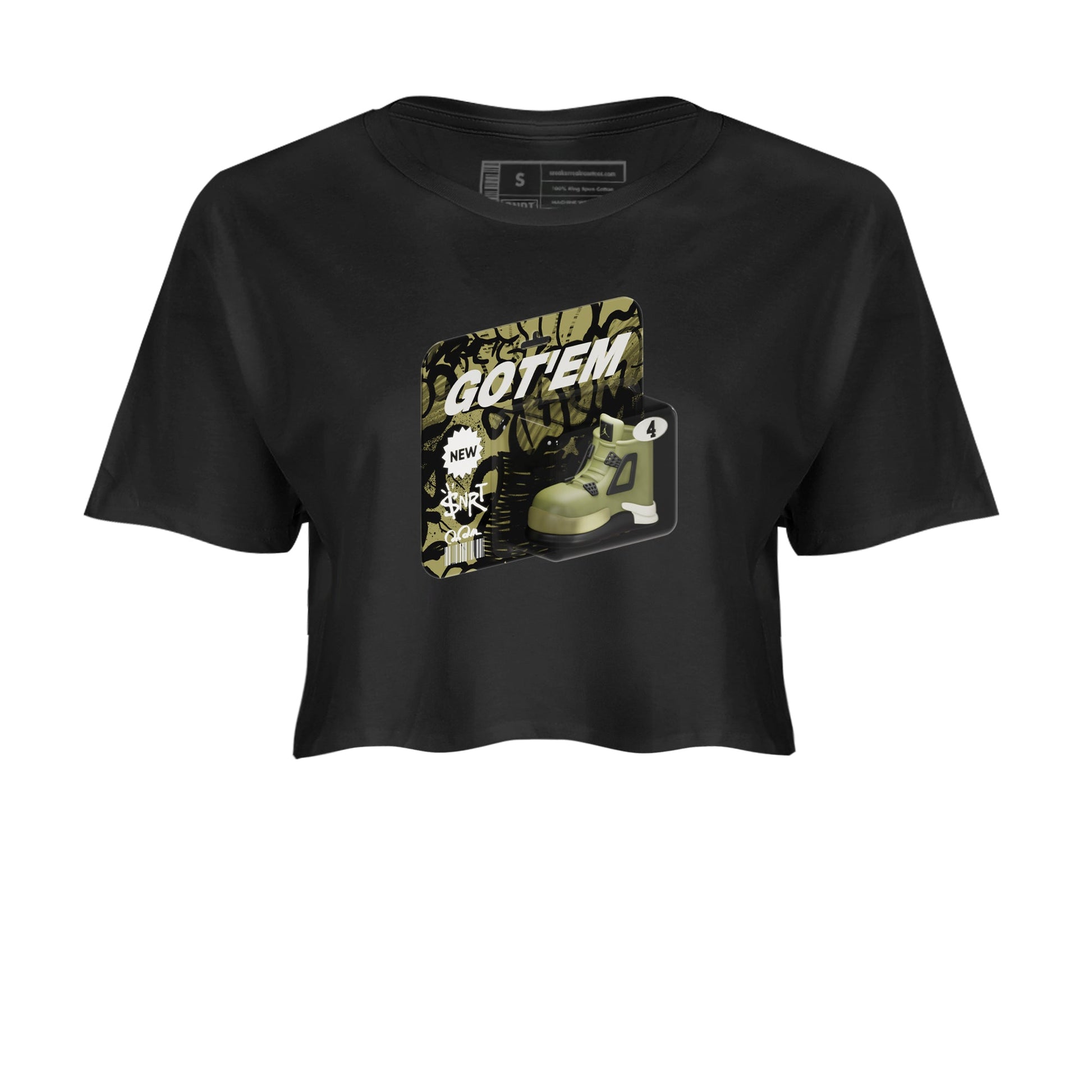 Air Jordan 4 Medium Olive shirt to match jordans Vintage Toy Packaging sneaker tees AJ4 Medium Olive SNRT Sneaker Release Tees Black 2 Crop T-Shirt