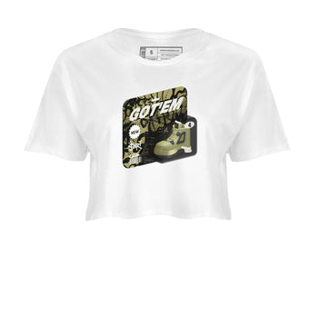 Air Jordan 4 Medium Olive shirt to match jordans Vintage Toy Packaging sneaker tees AJ4 Medium Olive SNRT Sneaker Release Tees White 2 Crop T-Shirt