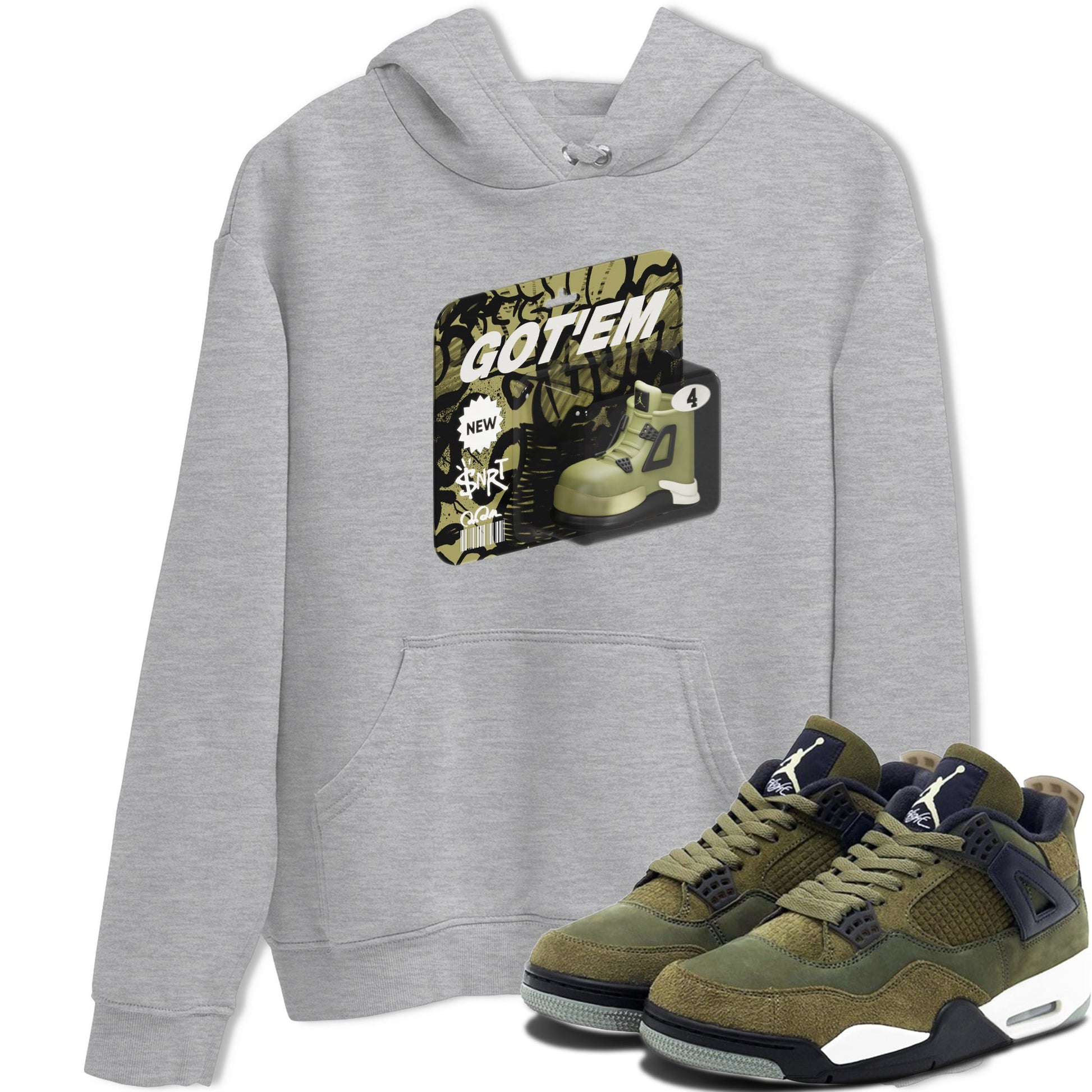 Air Jordan 4 Medium Olive shirt to match jordans Vintage Toy Packaging sneaker tees AJ4 Medium Olive SNRT Sneaker Release Tees Unisex Heather Grey 1 T-Shirt