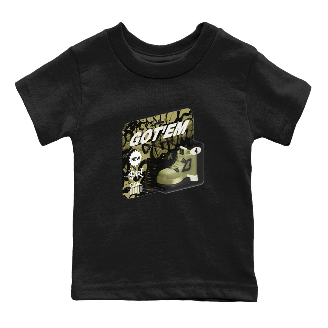 Air Jordan 4 Medium Olive shirt to match jordans Vintage Toy Packaging sneaker tees AJ4 Medium Olive SNRT Sneaker Release Tees Baby Toddler Black 2 T-Shirt