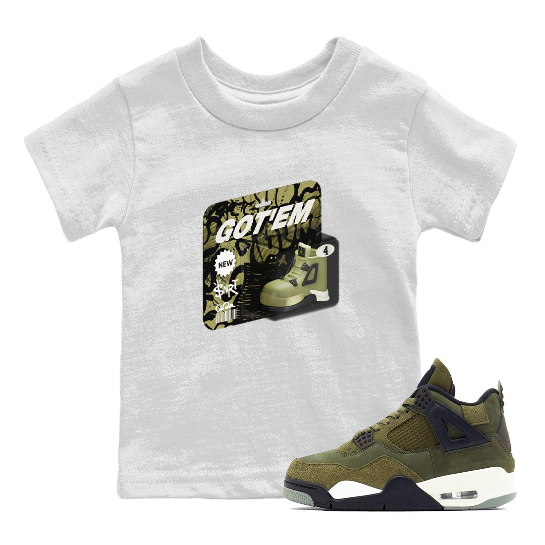 Air Jordan 4 Medium Olive shirt to match jordans Vintage Toy Packaging sneaker tees AJ4 Medium Olive SNRT Sneaker Release Tees Baby Toddler White 1 T-Shirt