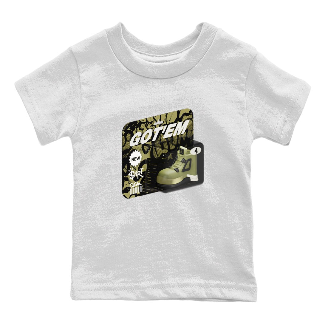 Air Jordan 4 Medium Olive shirt to match jordans Vintage Toy Packaging sneaker tees AJ4 Medium Olive SNRT Sneaker Release Tees Baby Toddler White 2 T-Shirt