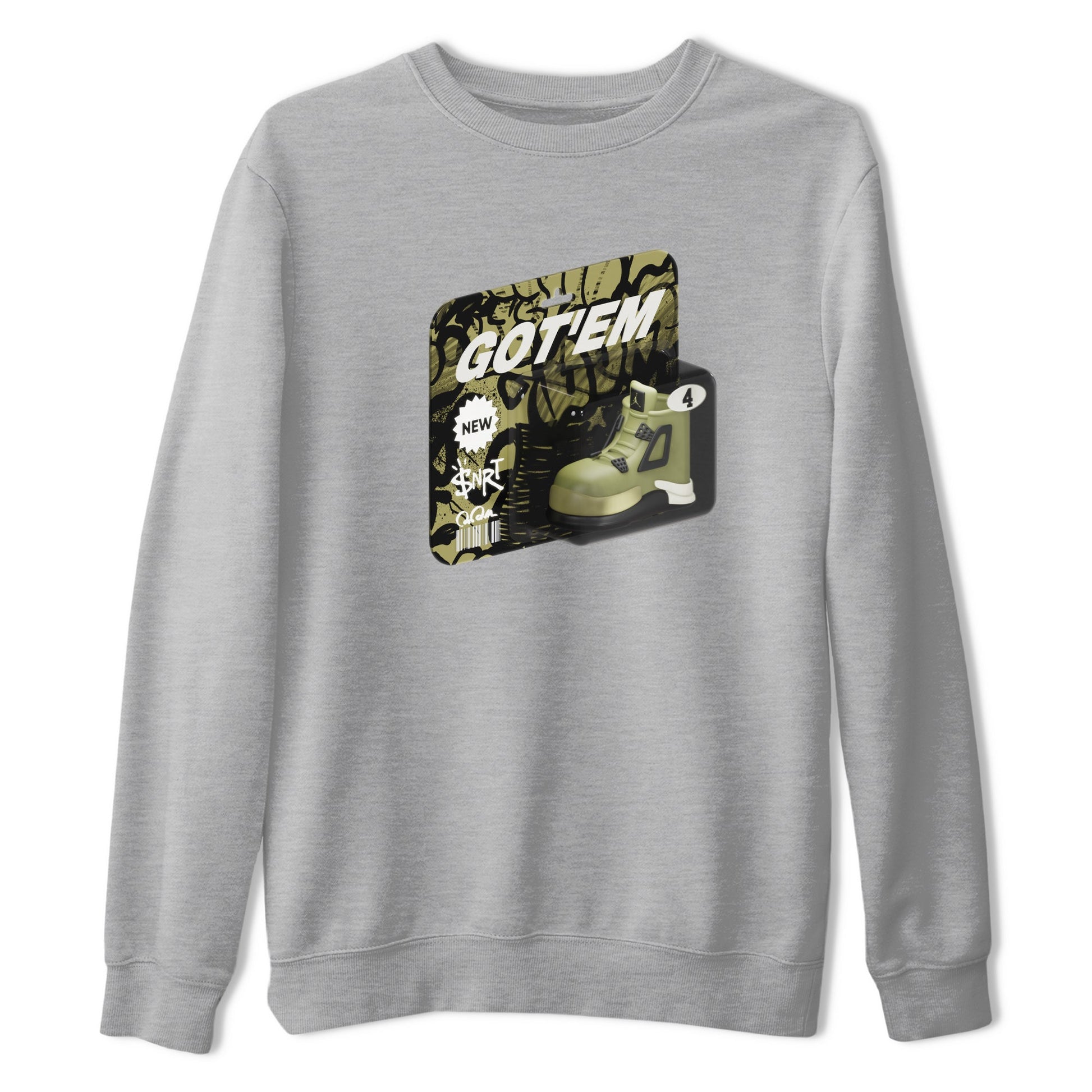 Air Jordan 4 Medium Olive shirt to match jordans Vintage Toy Packaging sneaker tees AJ4 Medium Olive SNRT Sneaker Release Tees Unisex Heather Grey 2 T-Shirt