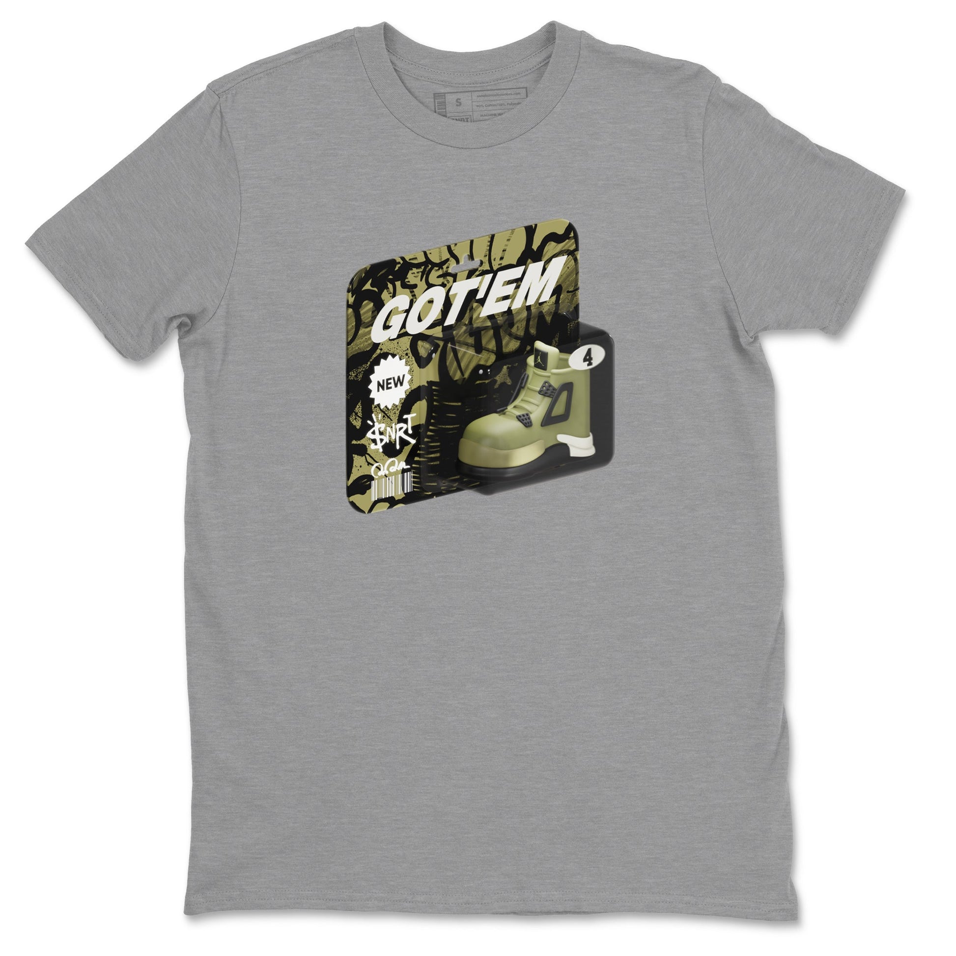 Air Jordan 4 Medium Olive shirt to match jordans Vintage Toy Packaging sneaker tees AJ4 Medium Olive SNRT Sneaker Release Tees Unisex Heather Grey 2 T-Shirt