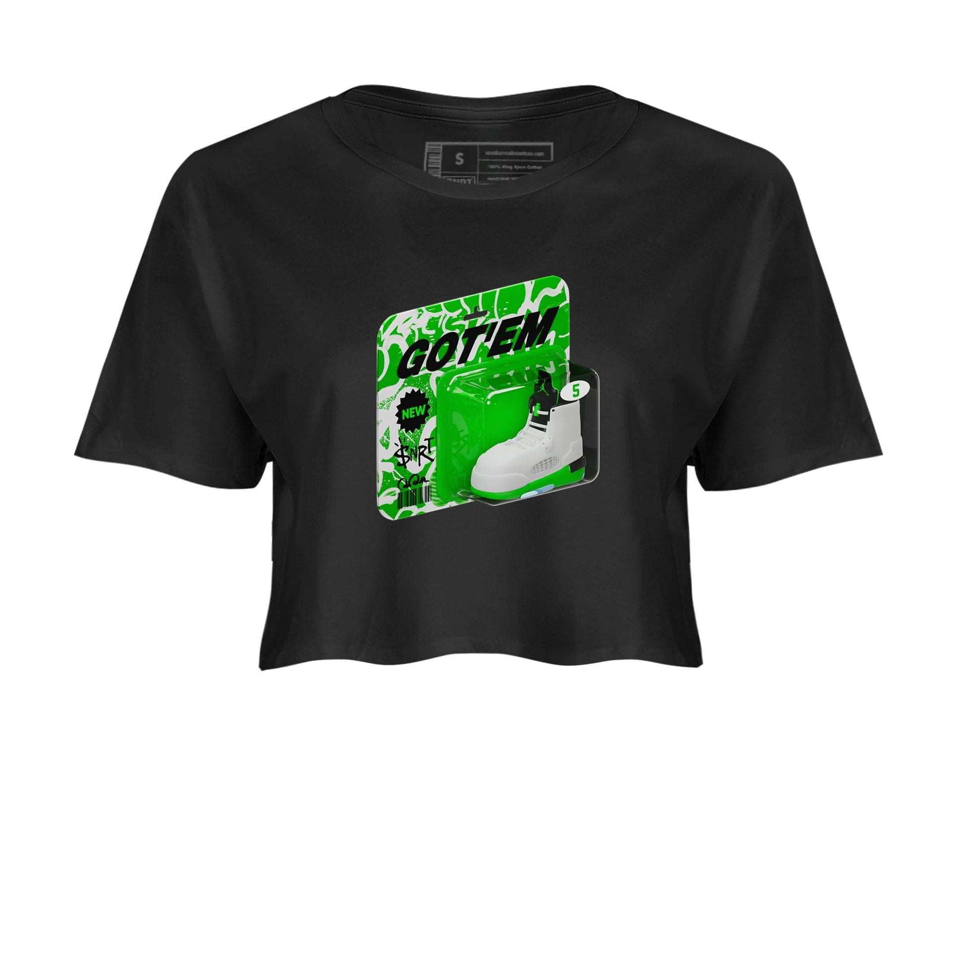 5s Lucky Green shirt to match jordans Vintage Toy Packaging sneaker tees Air Jordan 5 Lucky Green SNRT Sneaker Release Tees Black 2 Crop T-Shirt