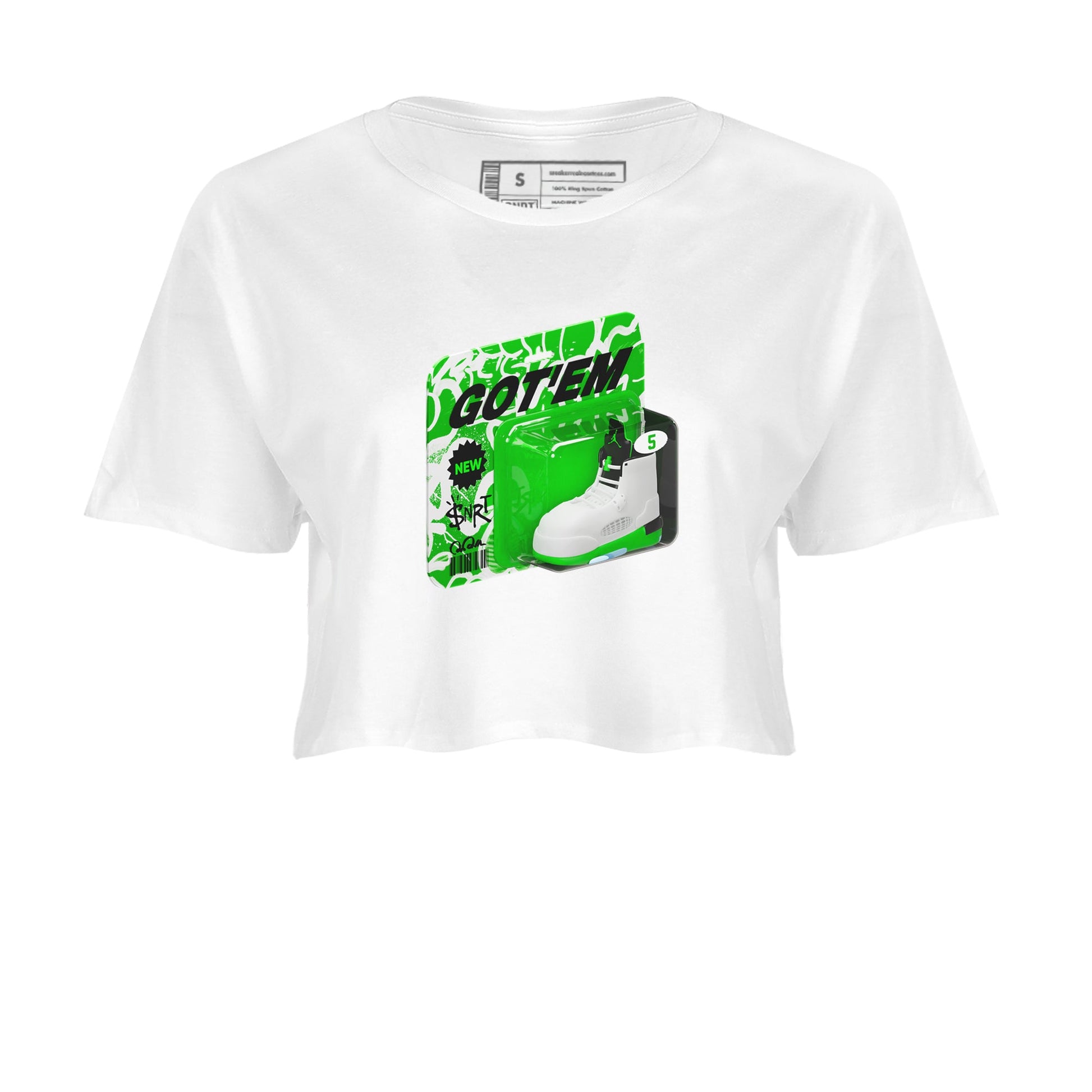 5s Lucky Green shirt to match jordans Vintage Toy Packaging sneaker tees Air Jordan 5 Lucky Green SNRT Sneaker Release Tees White 2 Crop T-Shirt
