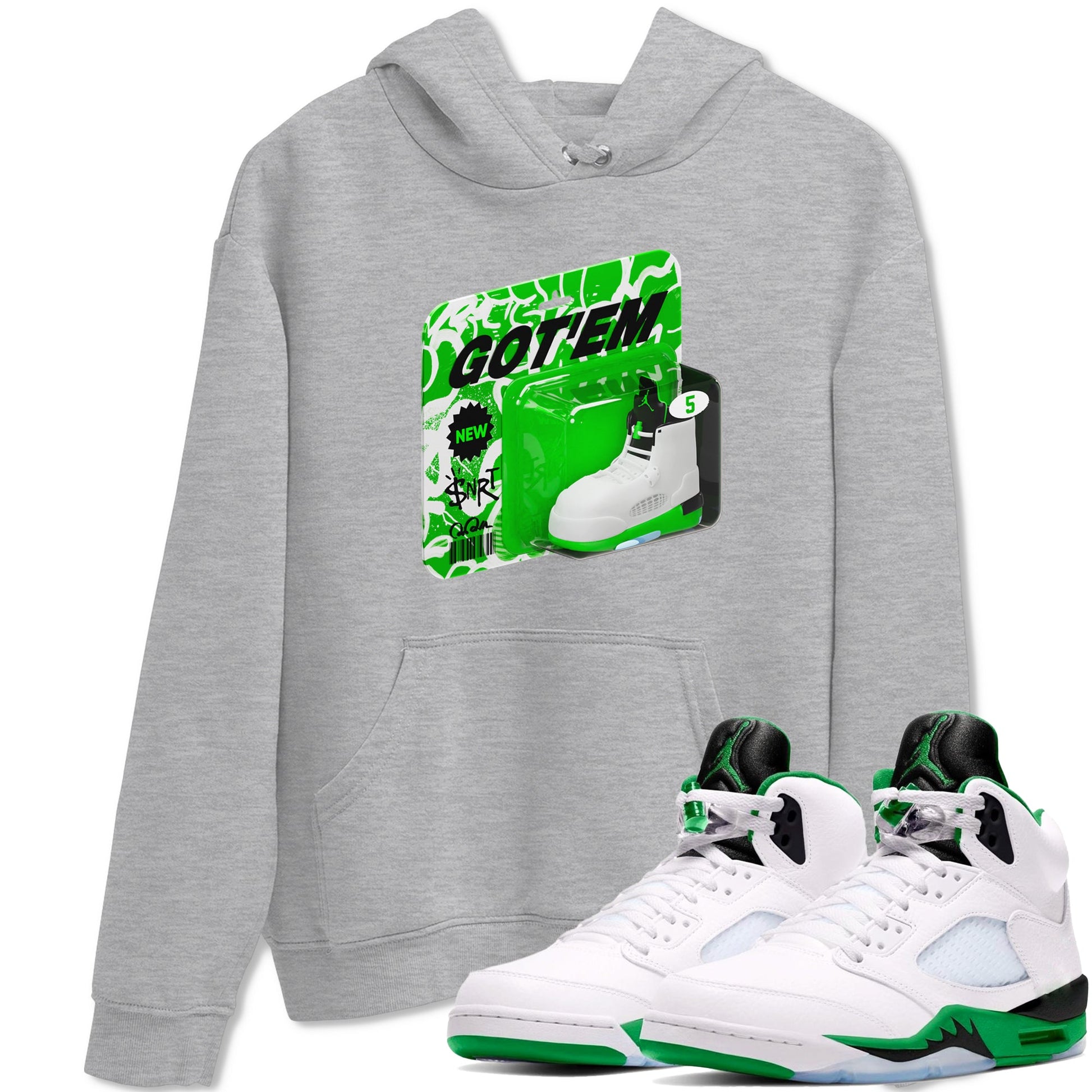 5s Lucky Green shirt to match jordans Vintage Toy Packaging sneaker tees Air Jordan 5 Lucky Green SNRT Sneaker Release Tees Unisex Heather Grey 1 T-Shirt