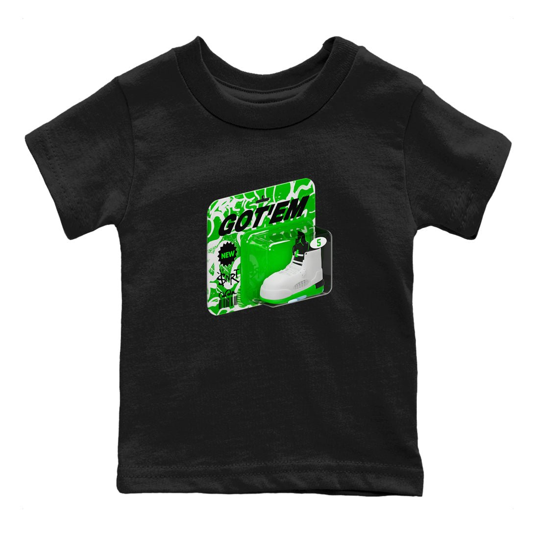 5s Lucky Green shirt to match jordans Vintage Toy Packaging sneaker tees Air Jordan 5 Lucky Green SNRT Sneaker Release Tees Baby Toddler Black 2 T-Shirt