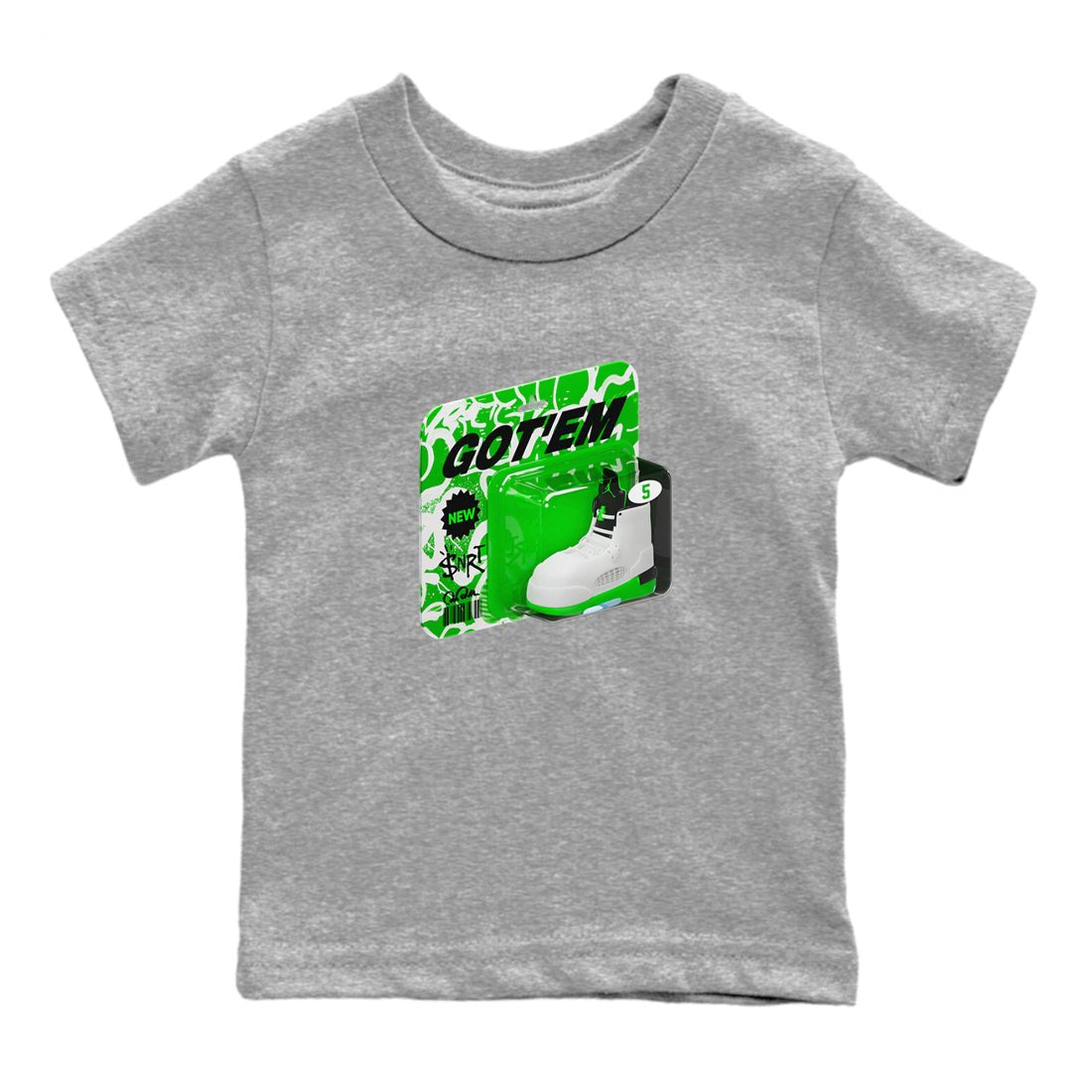 5s Lucky Green shirt to match jordans Vintage Toy Packaging sneaker tees Air Jordan 5 Lucky Green SNRT Sneaker Release Tees Baby Toddler Heather Grey 2 T-Shirt