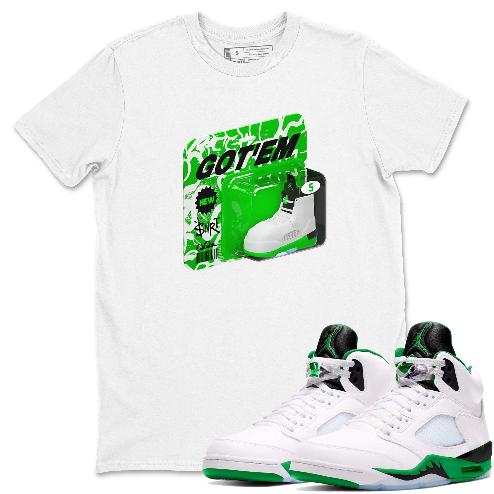 5s Lucky Green shirt to match jordans Vintage Toy Packaging sneaker tees Air Jordan 5 Lucky Green SNRT Sneaker Release Tees Unisex White 1 T-Shirt