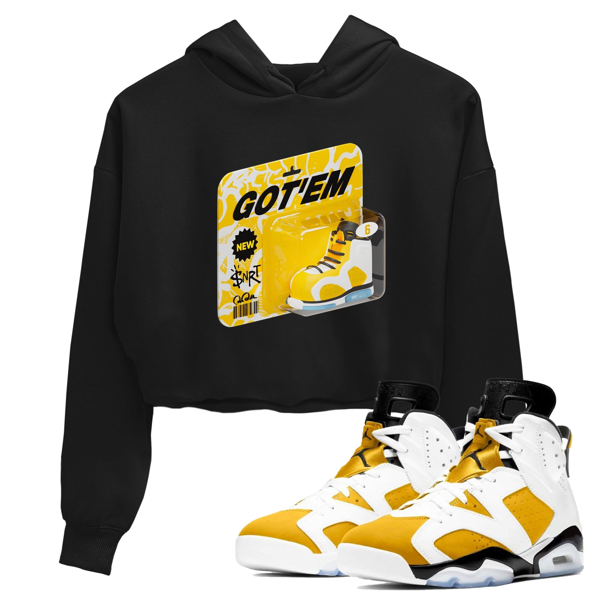 Air Jordan 6 Yellow Ochre shirt to match jordans Vintage Toy Packaging sneaker tees AJ6 Yellow Ochre SNRT Sneaker Release Tees Black 1 Crop T-Shirt