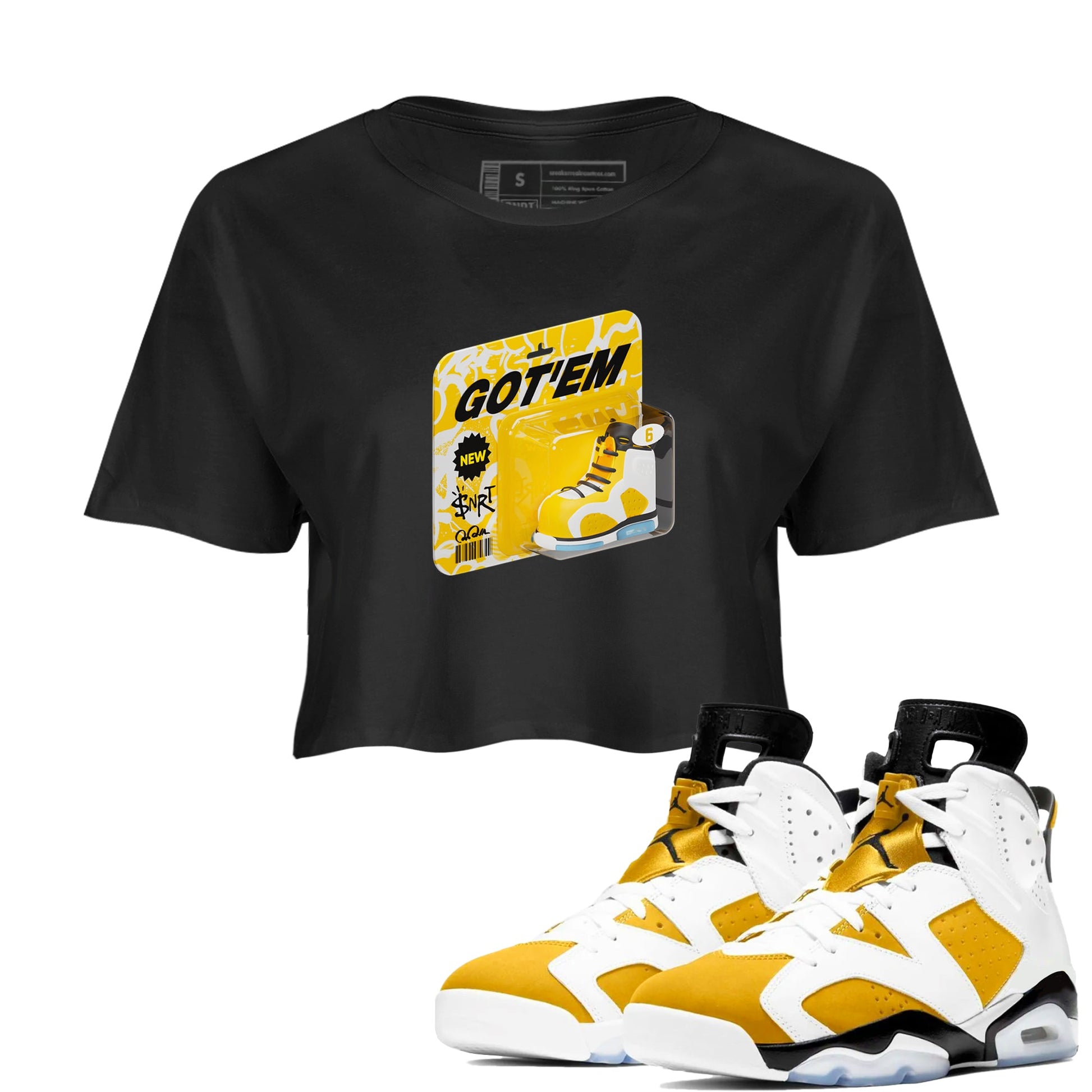 Air Jordan 6 Yellow Ochre shirt to match jordans Vintage Toy Packaging sneaker tees AJ6 Yellow Ochre SNRT Sneaker Release Tees Black 1 Crop T-Shirt