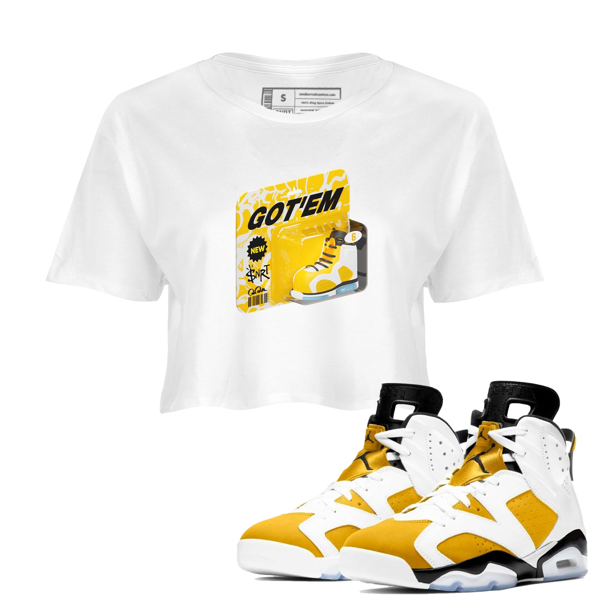 Air Jordan 6 Yellow Ochre shirt to match jordans Vintage Toy Packaging sneaker tees AJ6 Yellow Ochre SNRT Sneaker Release Tees White 1 Crop T-Shirt