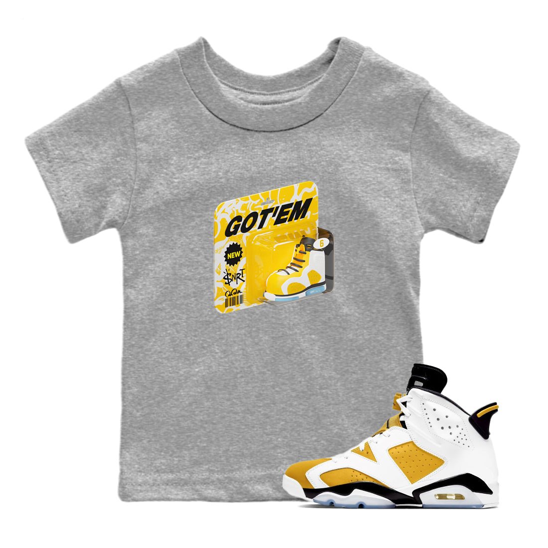 Air Jordan 6 Yellow Ochre shirt to match jordans Vintage Toy Packaging sneaker tees AJ6 Yellow Ochre SNRT Sneaker Release Tees Baby Toddler Heather Grey 1 T-Shirt