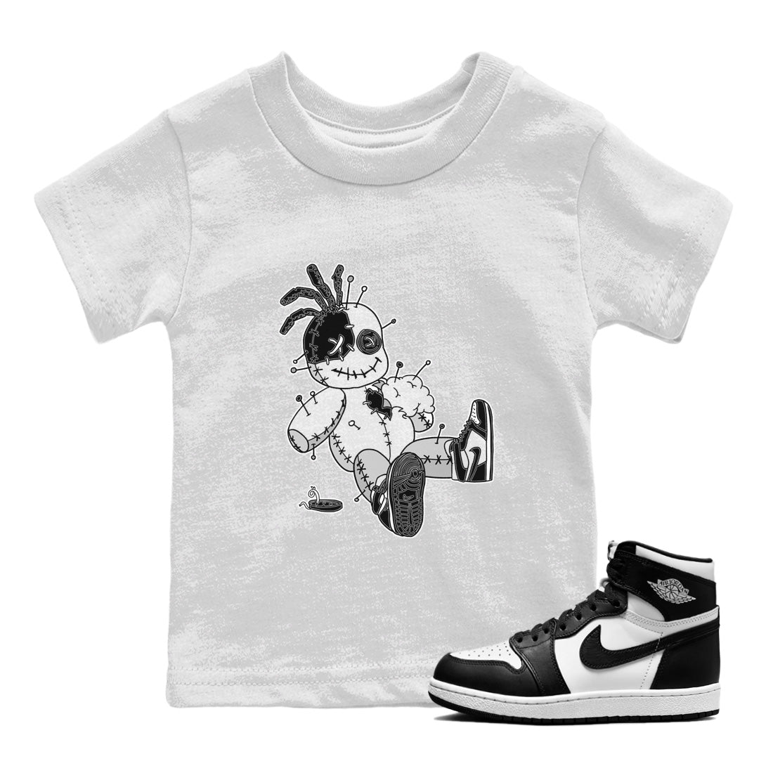 Jordan 1 Black White Sneaker Match Tees Voodoo Doll Sneaker Tees Jordan 1 Black White Sneaker Release Tees Kids Shirts