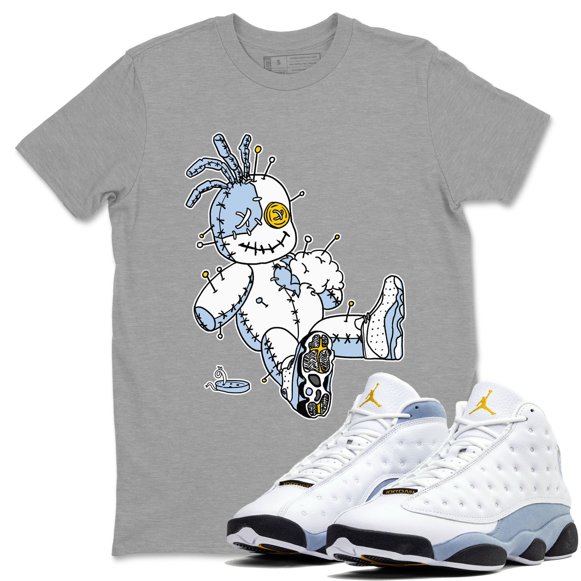 13s Blue Grey shirt to match jordans Voodoo Doll sneaker tees Air Jordan 13 Retro Blue Grey SNRT Sneaker Release Tees unisex cotton Heather Grey 1 crew neck shirt