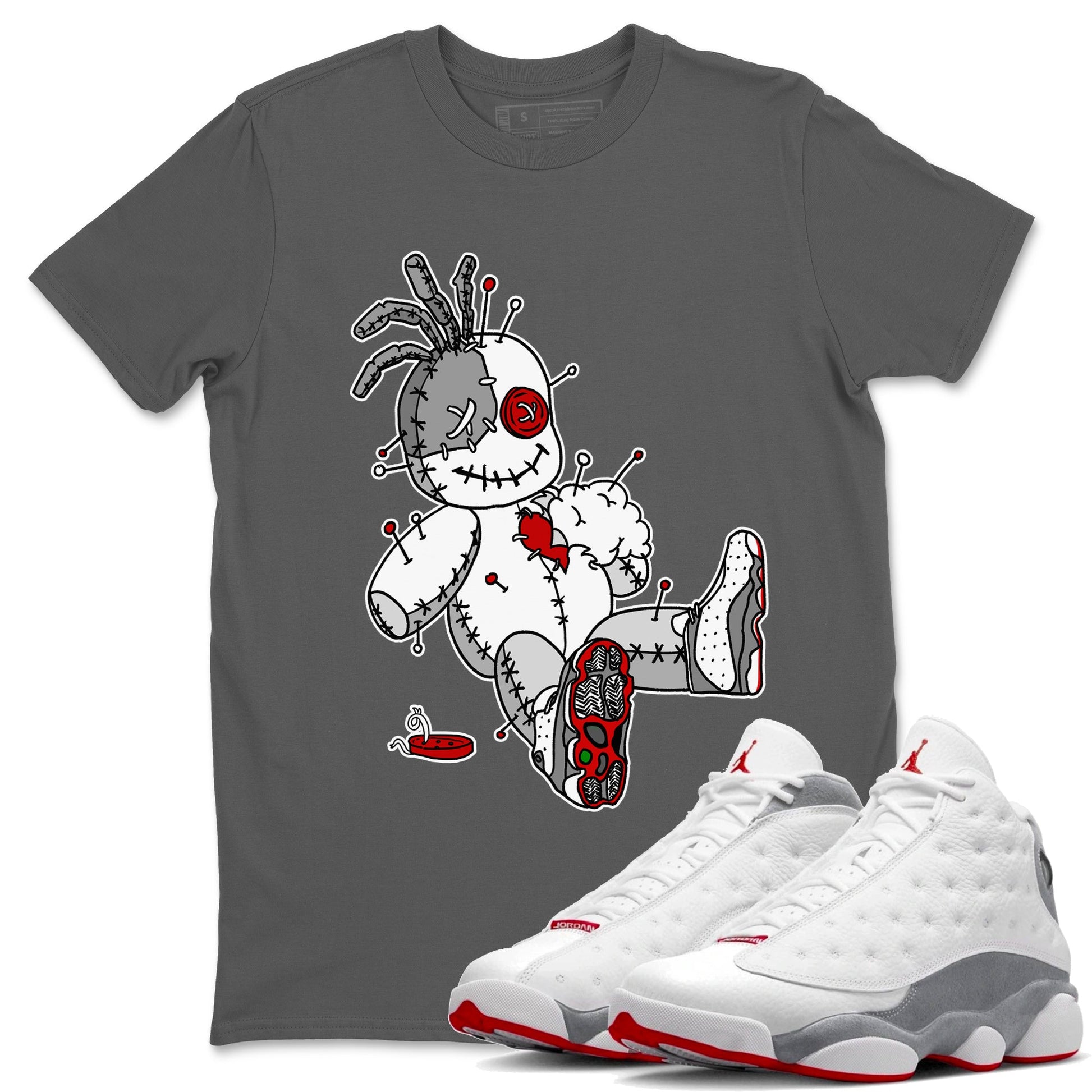 Air Jordan 13 Wolf Grey Voodoo Doll Crew Neck Sneaker Tees Air Jordan 13 Wolf Grey Sneaker T-Shirts Washing and Care Tip