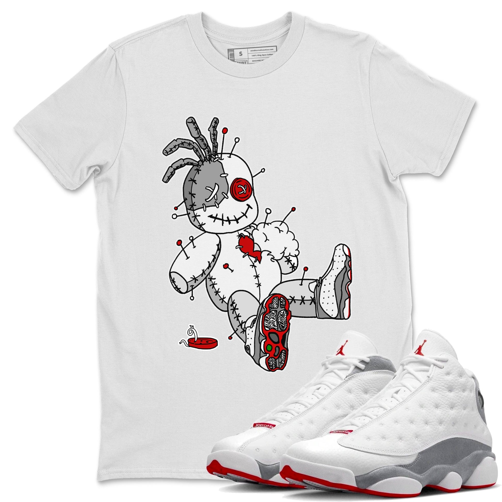 Air Jordan 13 Wolf Grey unique Halloween sneaker tee Voodoo Doll Sneaker Tees Air Jordan 13 Retro Wolf Grey T-Shirt Unisex Shirts White 1